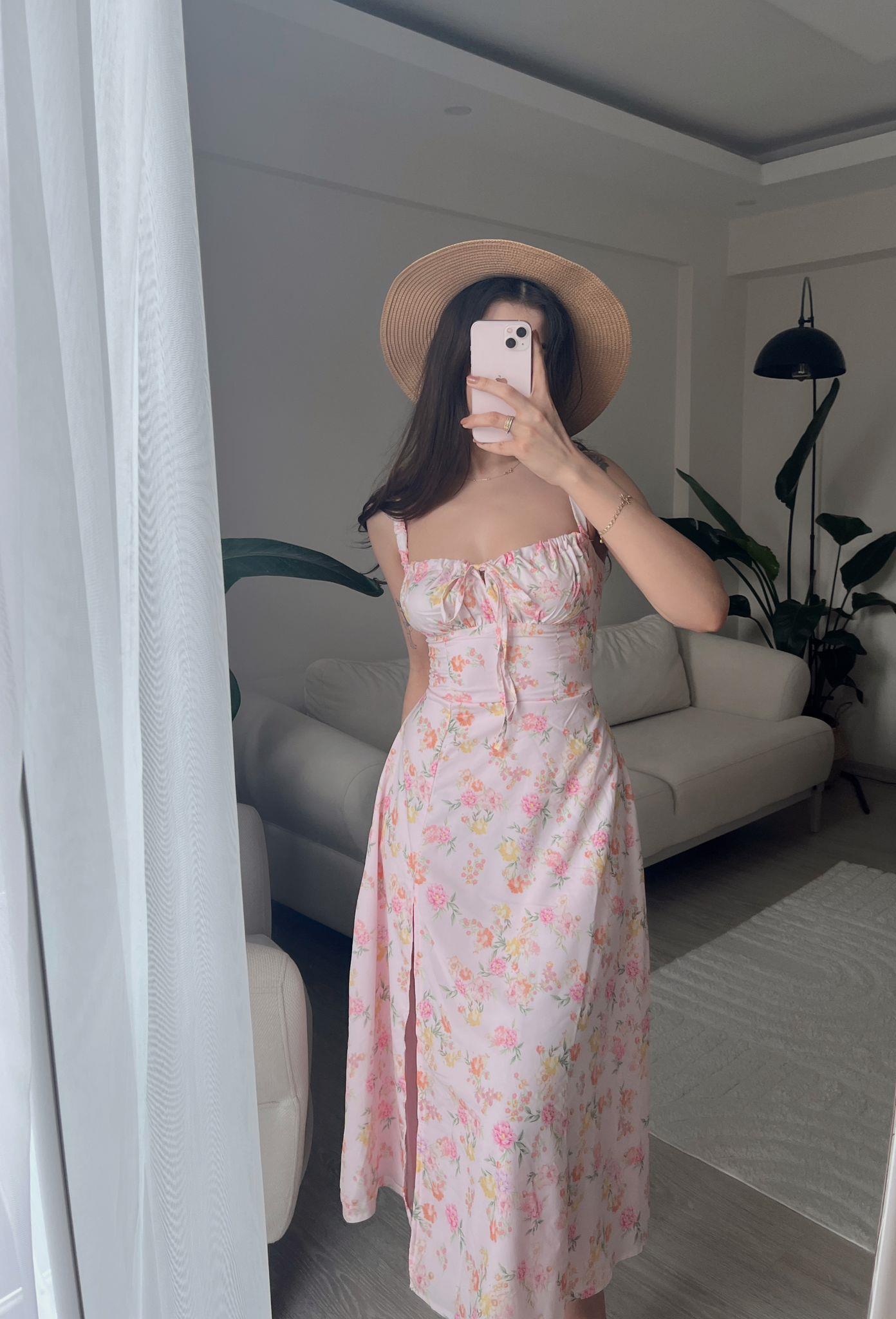 Viola Çiçek Desen Yırtmaçlı Midi Pembe Elbise