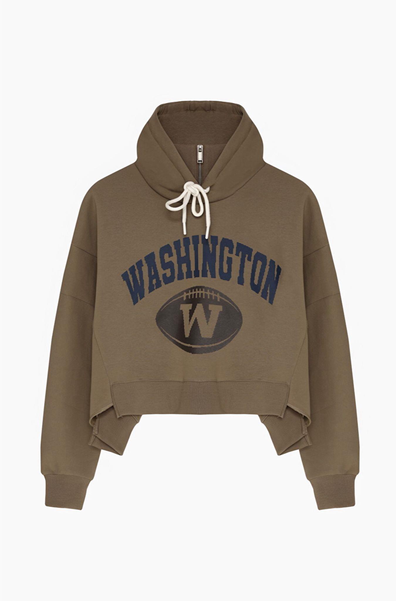 Washington Dik Yaka Detaylı Önü Baskılı Kapüşonlu Sweatshirt Haki