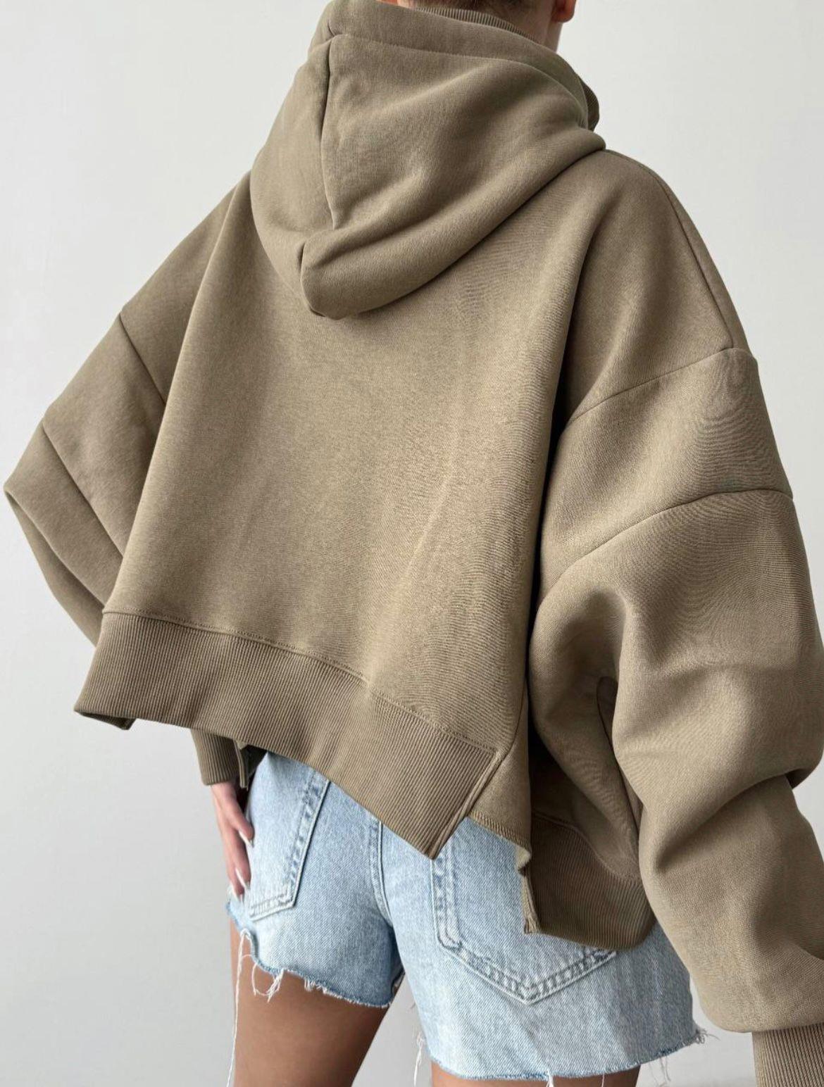 Washington Dik Yaka Detaylı Önü Baskılı Kapüşonlu Sweatshirt Haki