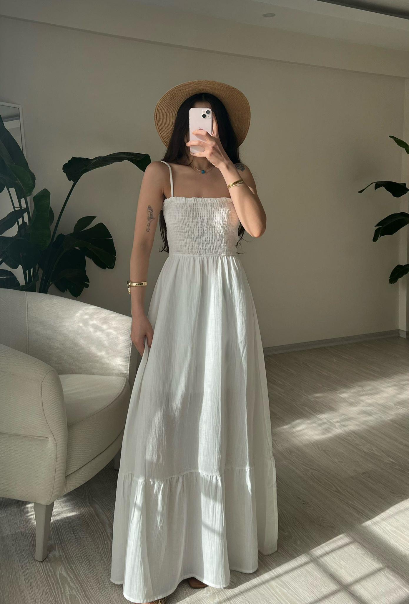 Whisper Askılı Gipeli Müslin Elbise Beyaz