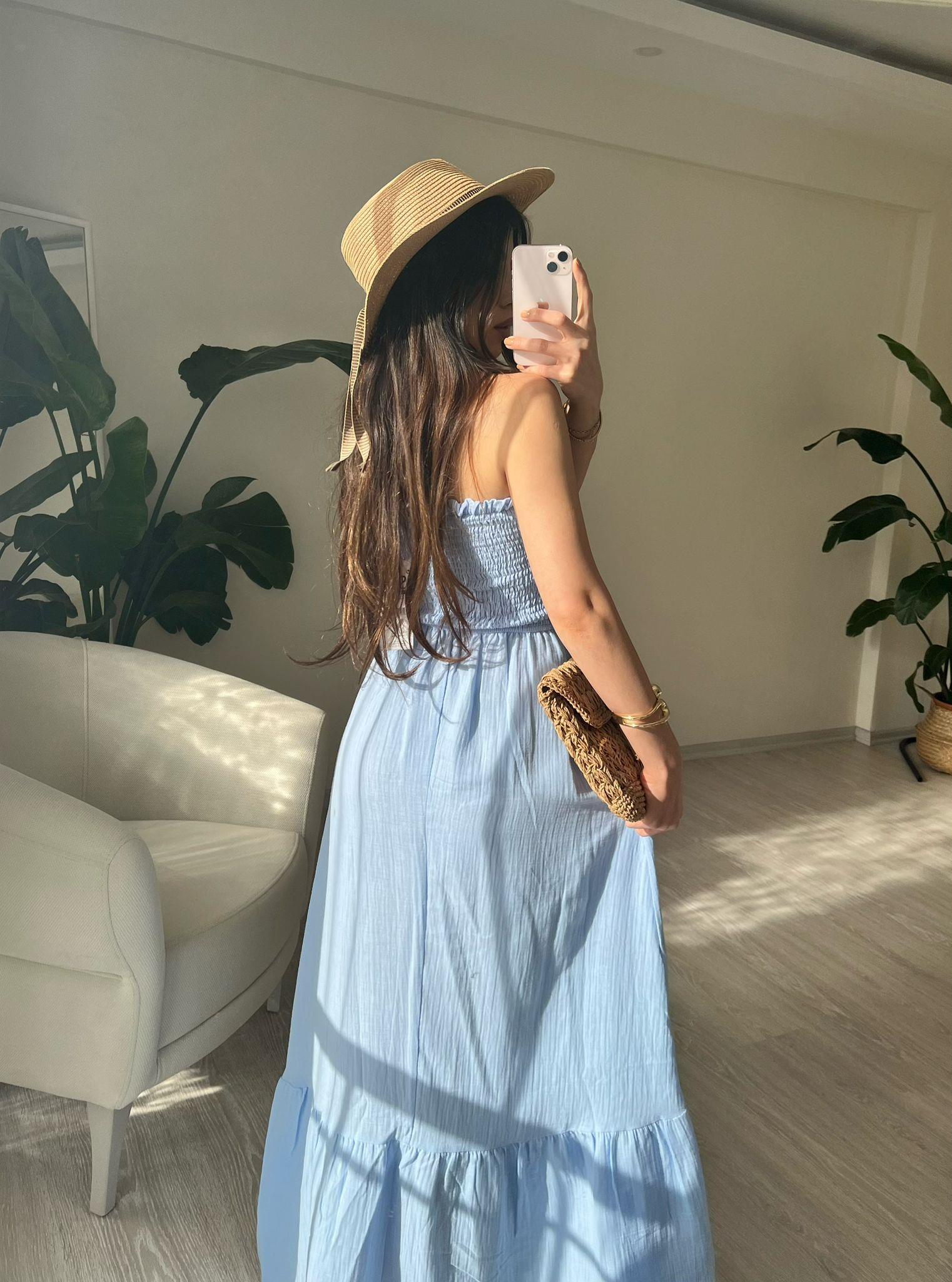 Whisper Askılı Gipeli Müslin Elbise Mavi