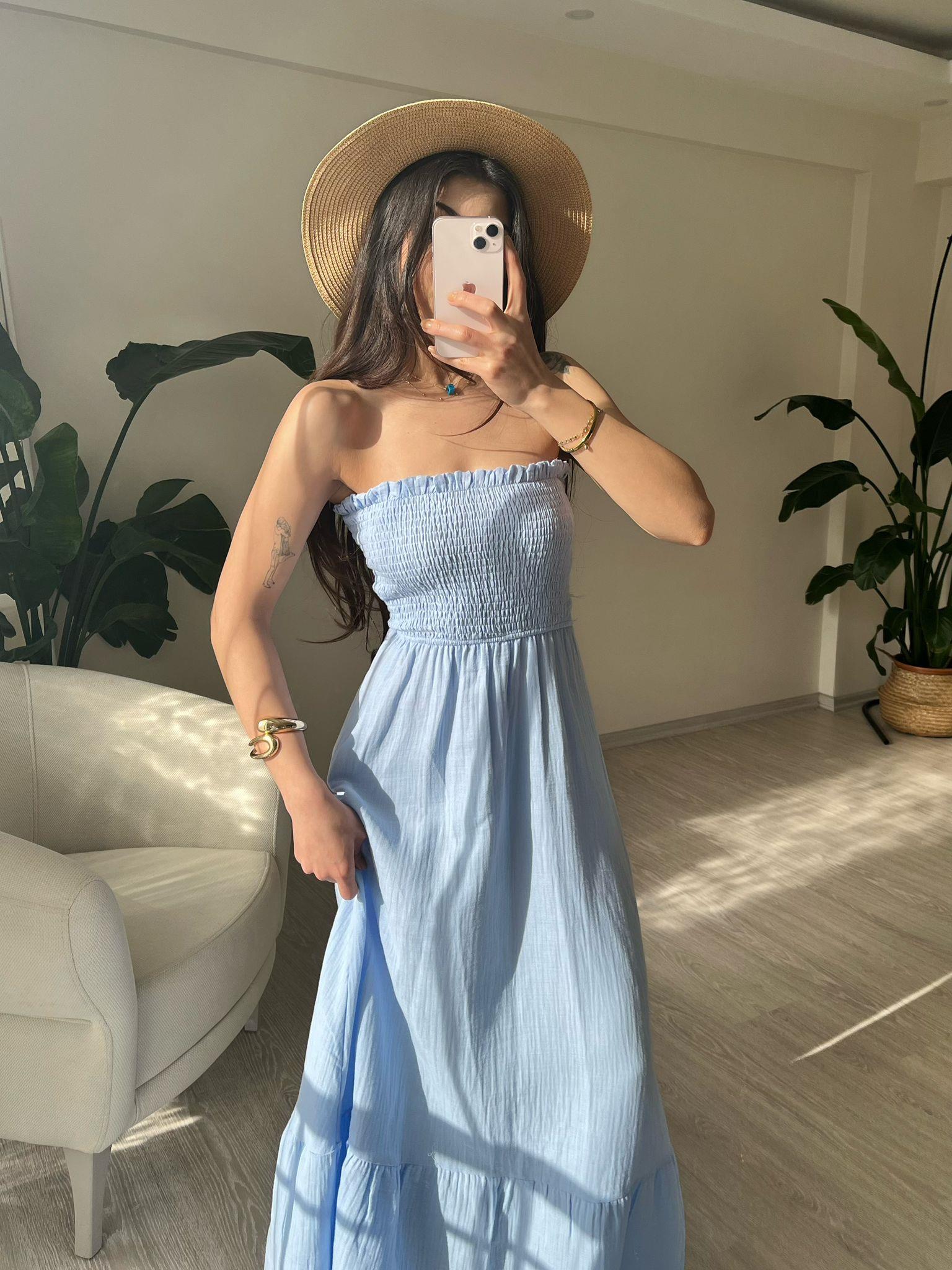 Whisper Askılı Gipeli Müslin Elbise Mavi