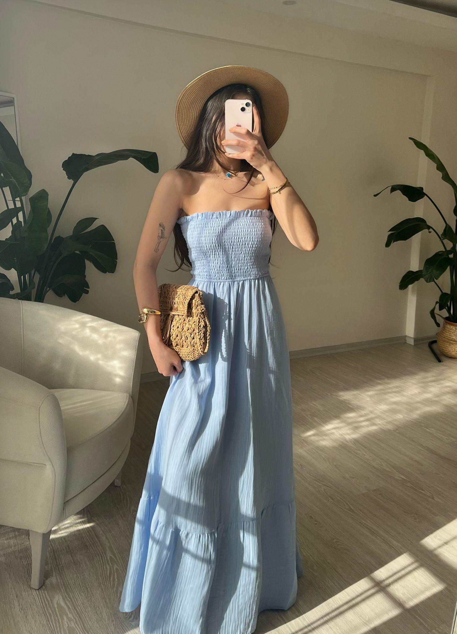Whisper Askılı Gipeli Müslin Elbise Mavi