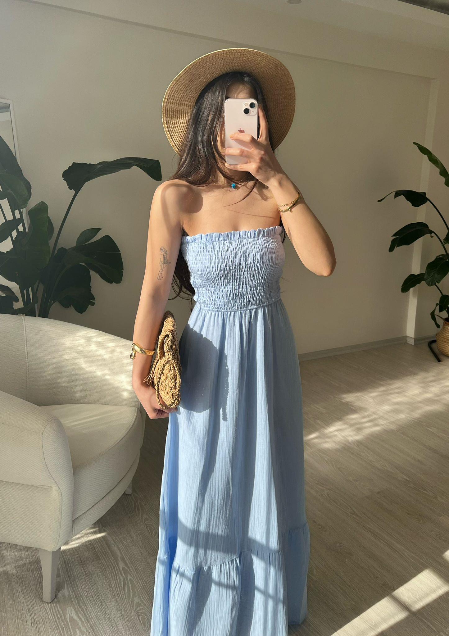 Whisper Askılı Gipeli Müslin Elbise Mavi