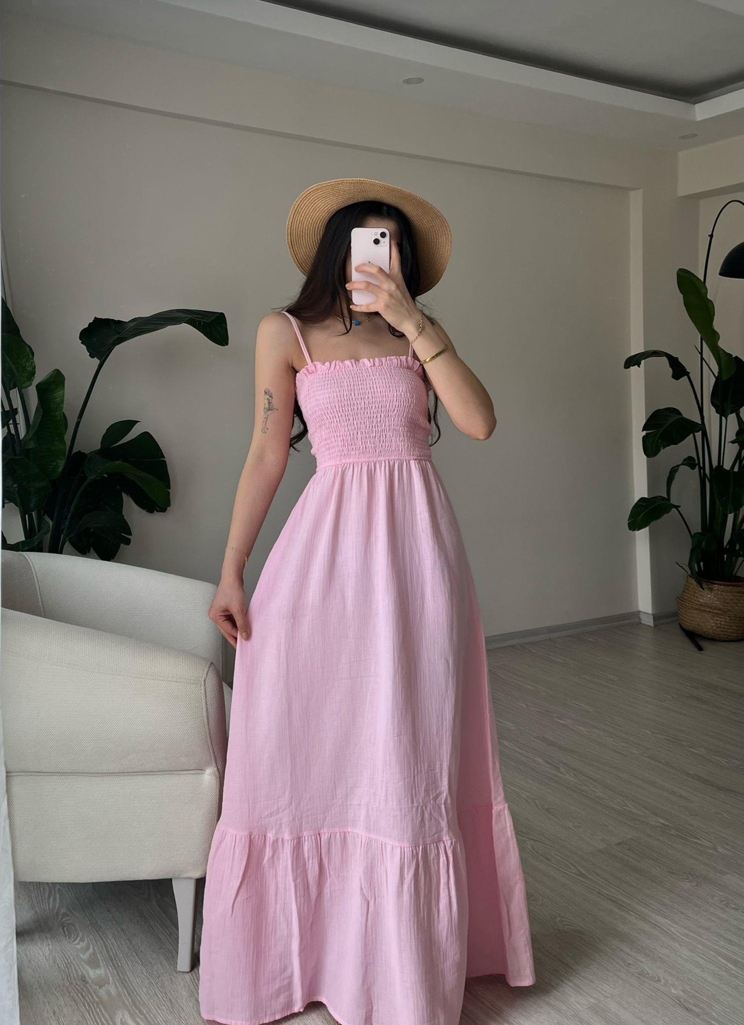 Whisper Askılı Gipeli Müslin Elbise Pembe