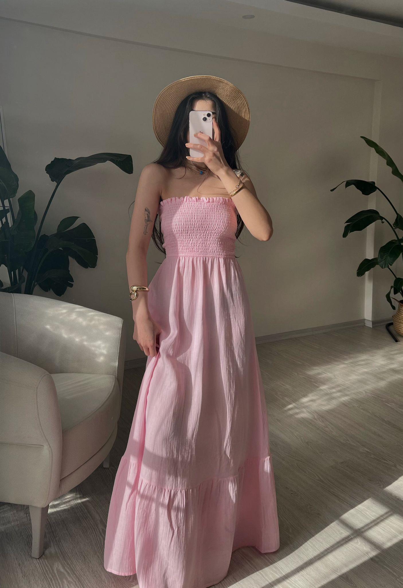 Whisper Askılı Gipeli Müslin Elbise Pembe