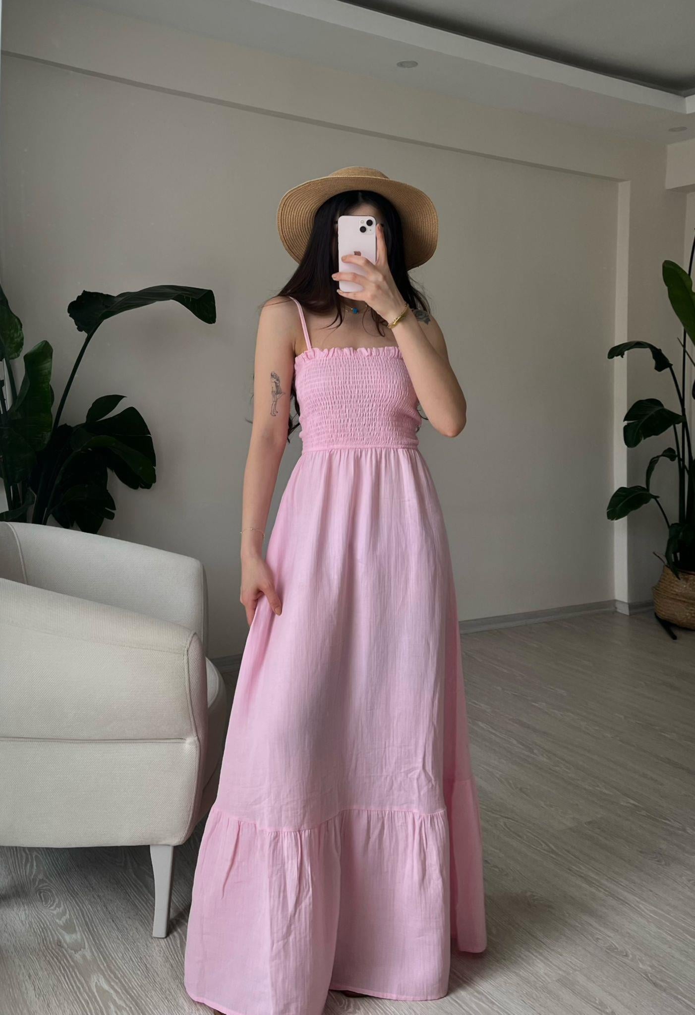 Whisper Askılı Gipeli Müslin Elbise Pembe