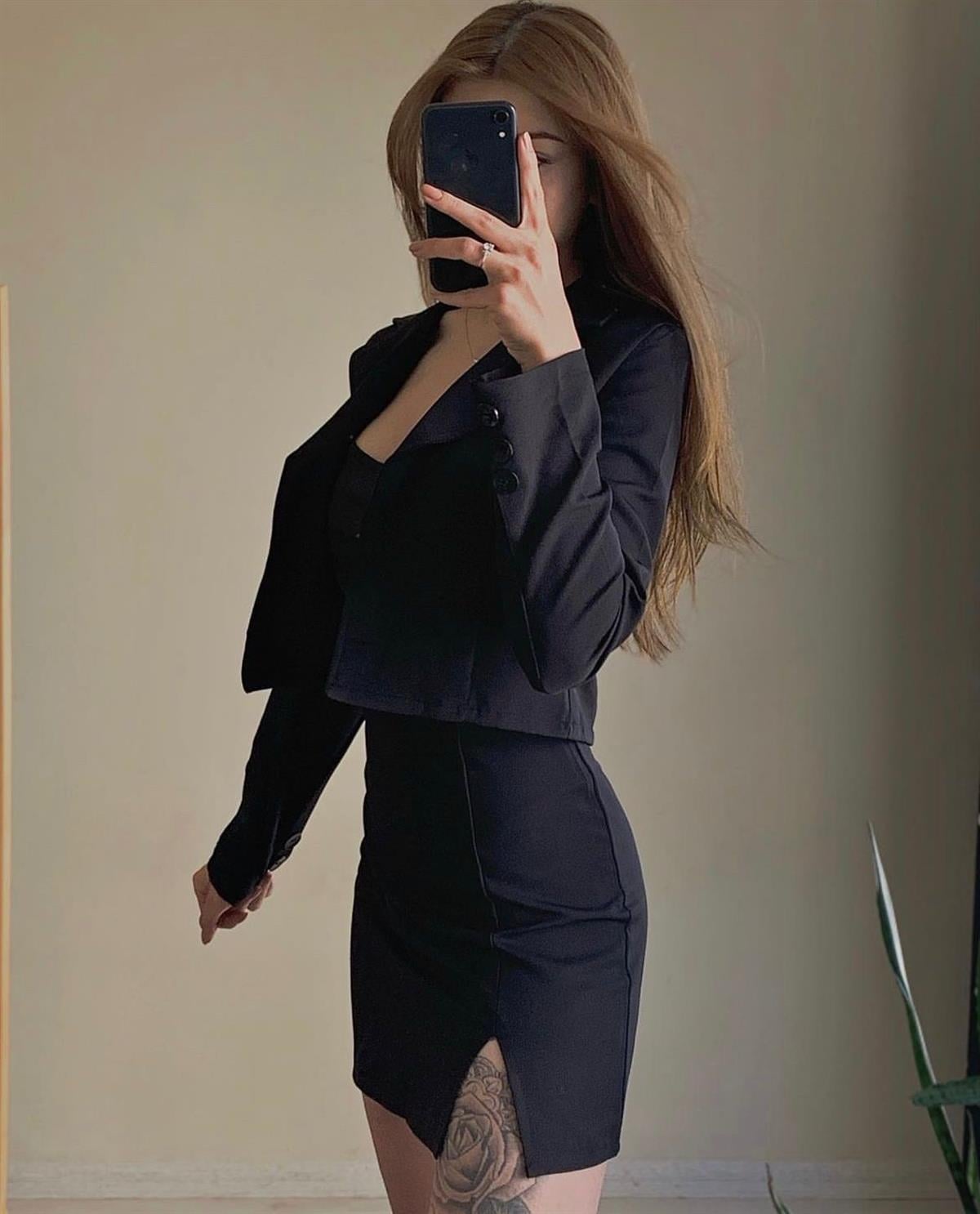 Yırtmaçlı Etek Crop Ceket Takım