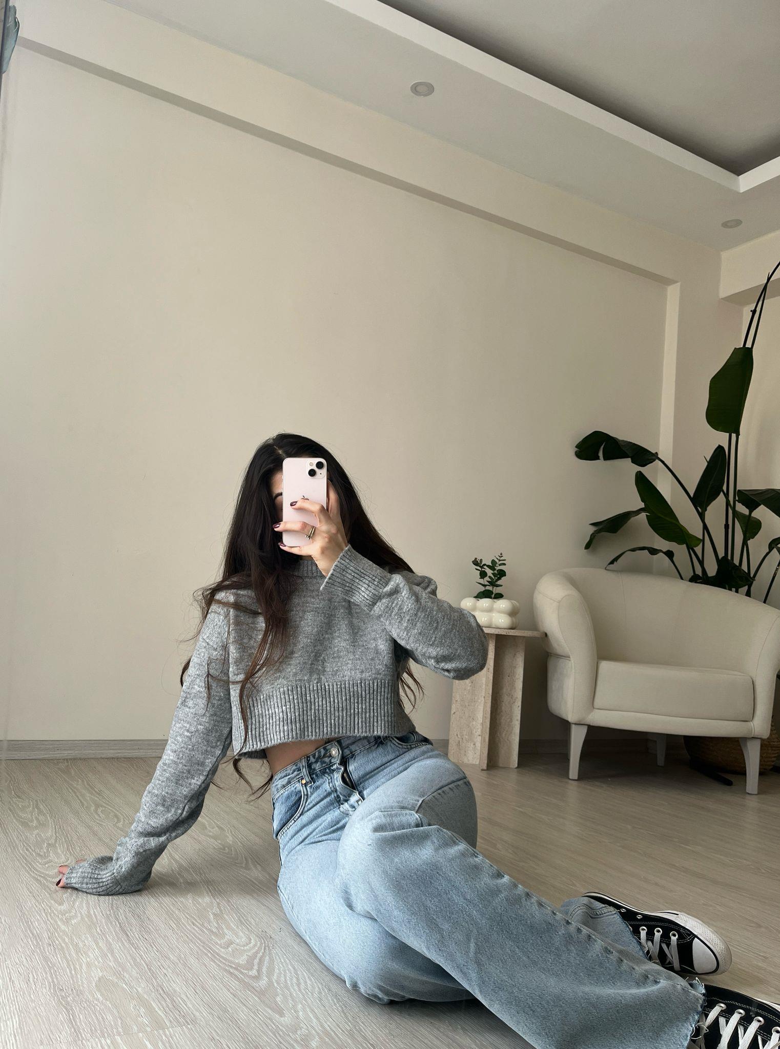 Youth Bisiklet Yaka Crop Triko Kazak Gri