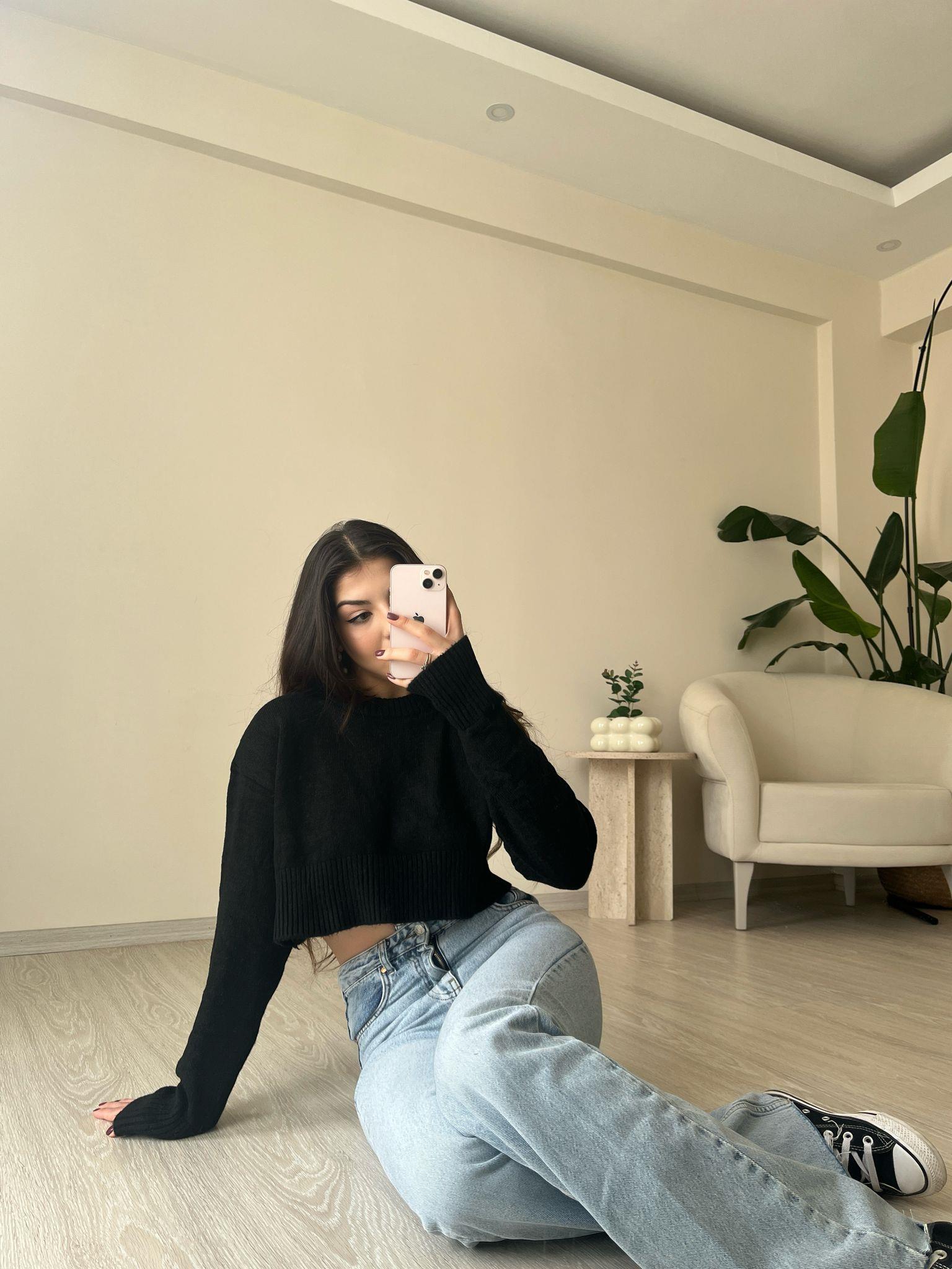 Youth Bisiklet Yaka Crop Triko Kazak Siyah
