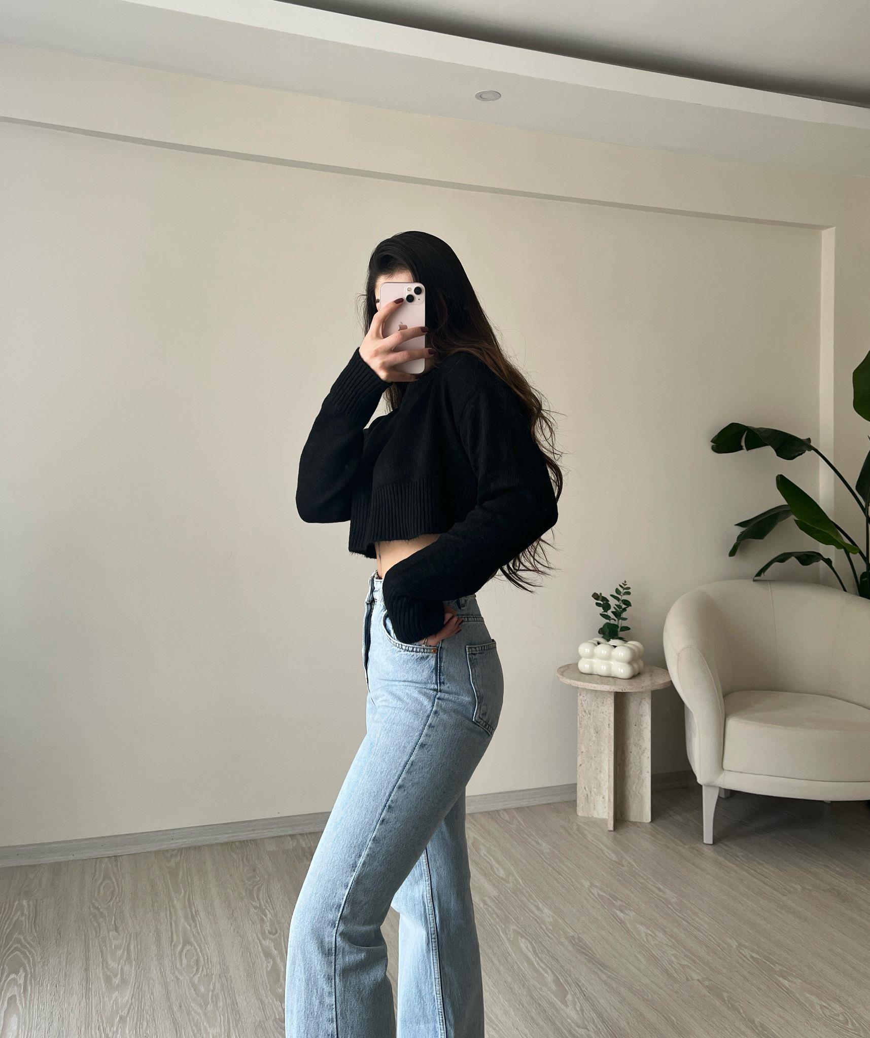 Youth Bisiklet Yaka Crop Triko Kazak Siyah