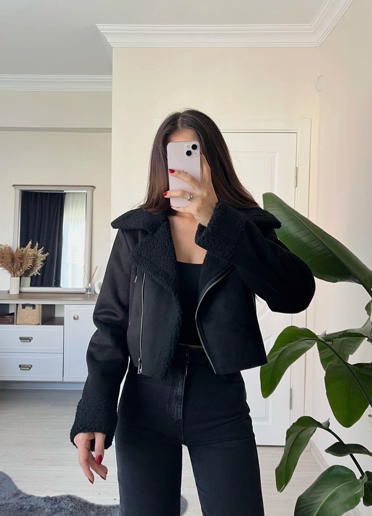 Zoe Kürklü Süet Crop Ceket Siyah
