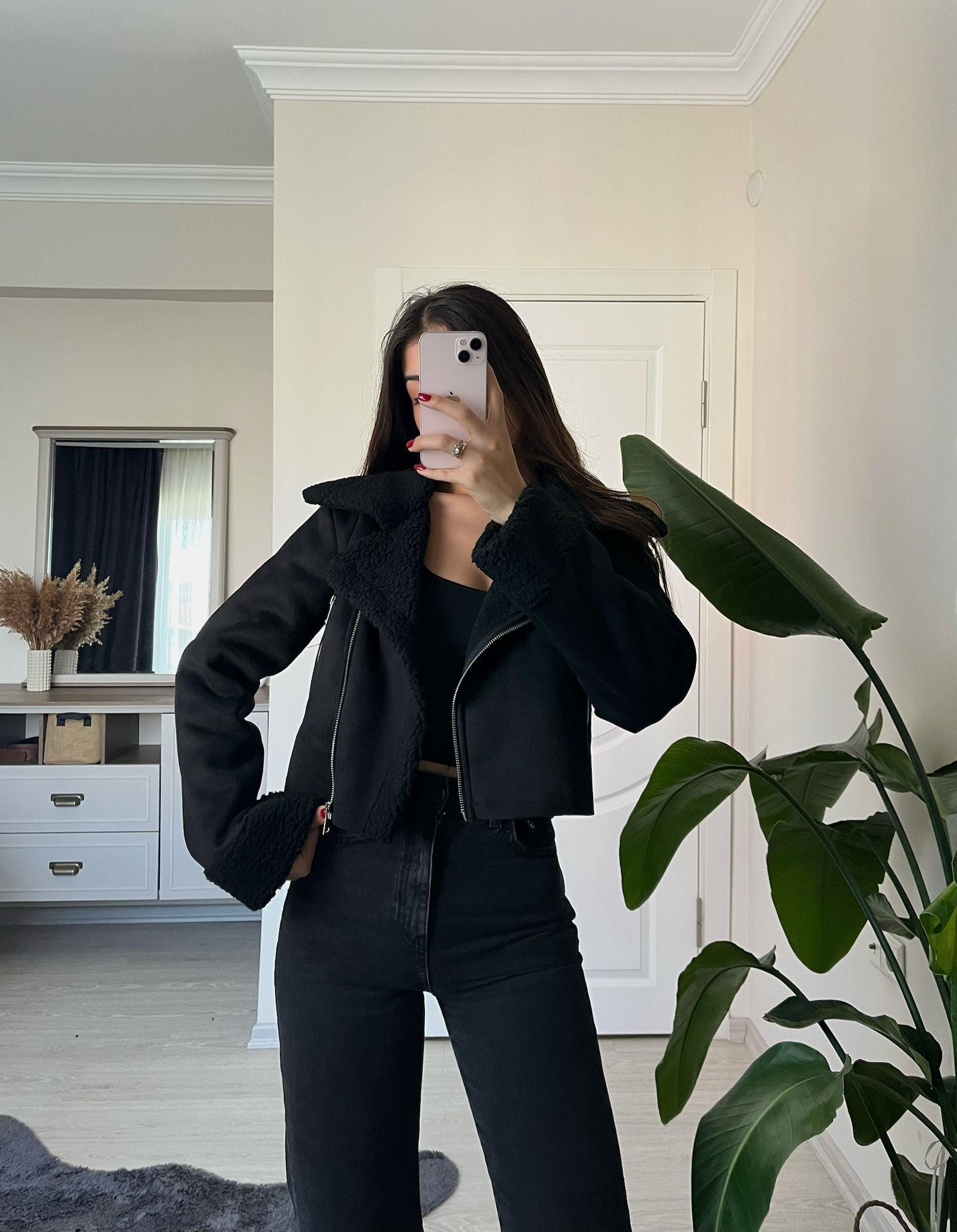 Zoe Kürklü Süet Crop Ceket Siyah
