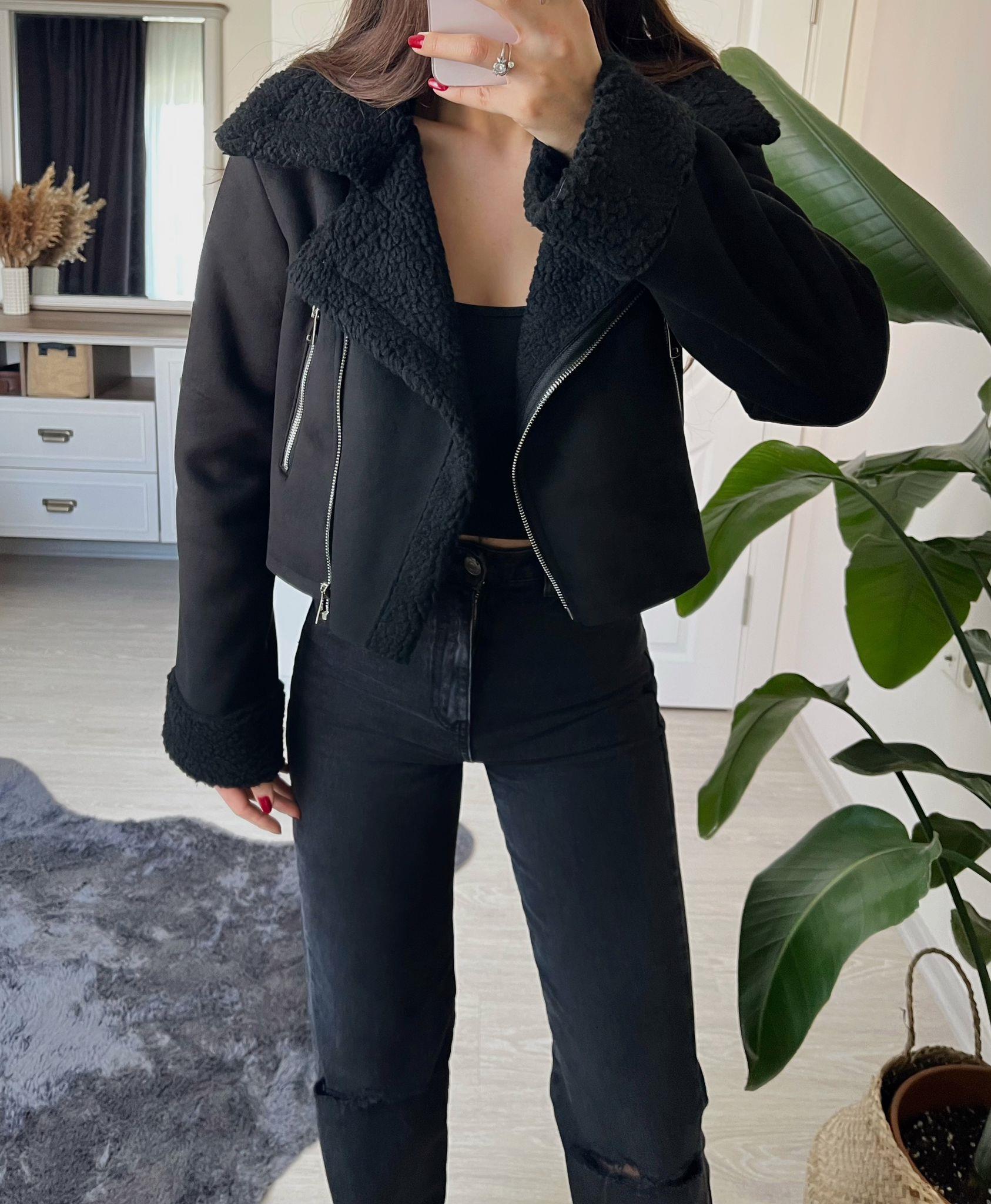 Zoe Kürklü Süet Crop Ceket Siyah