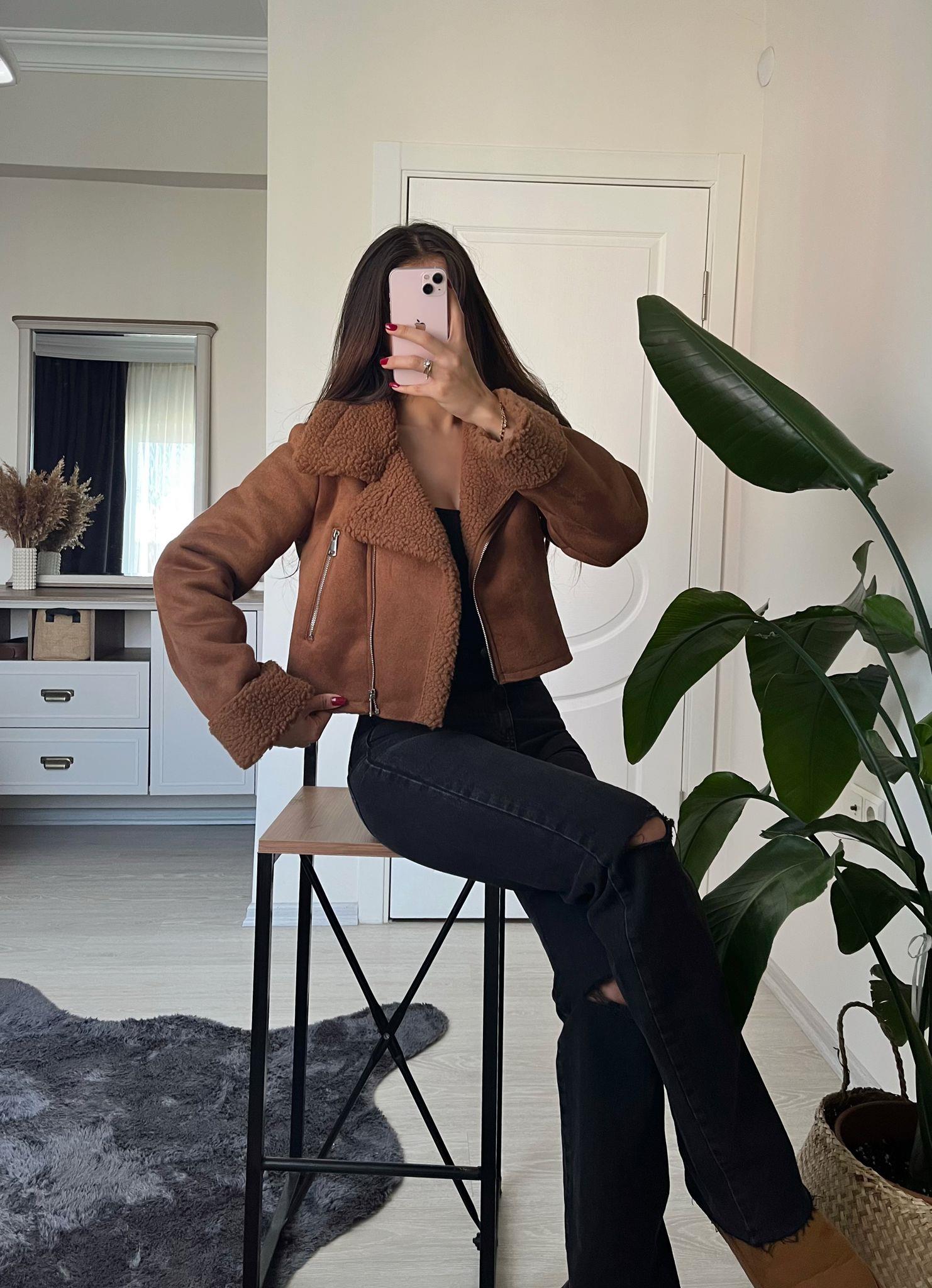 Zoe Kürklü Süet Crop Ceket Taba