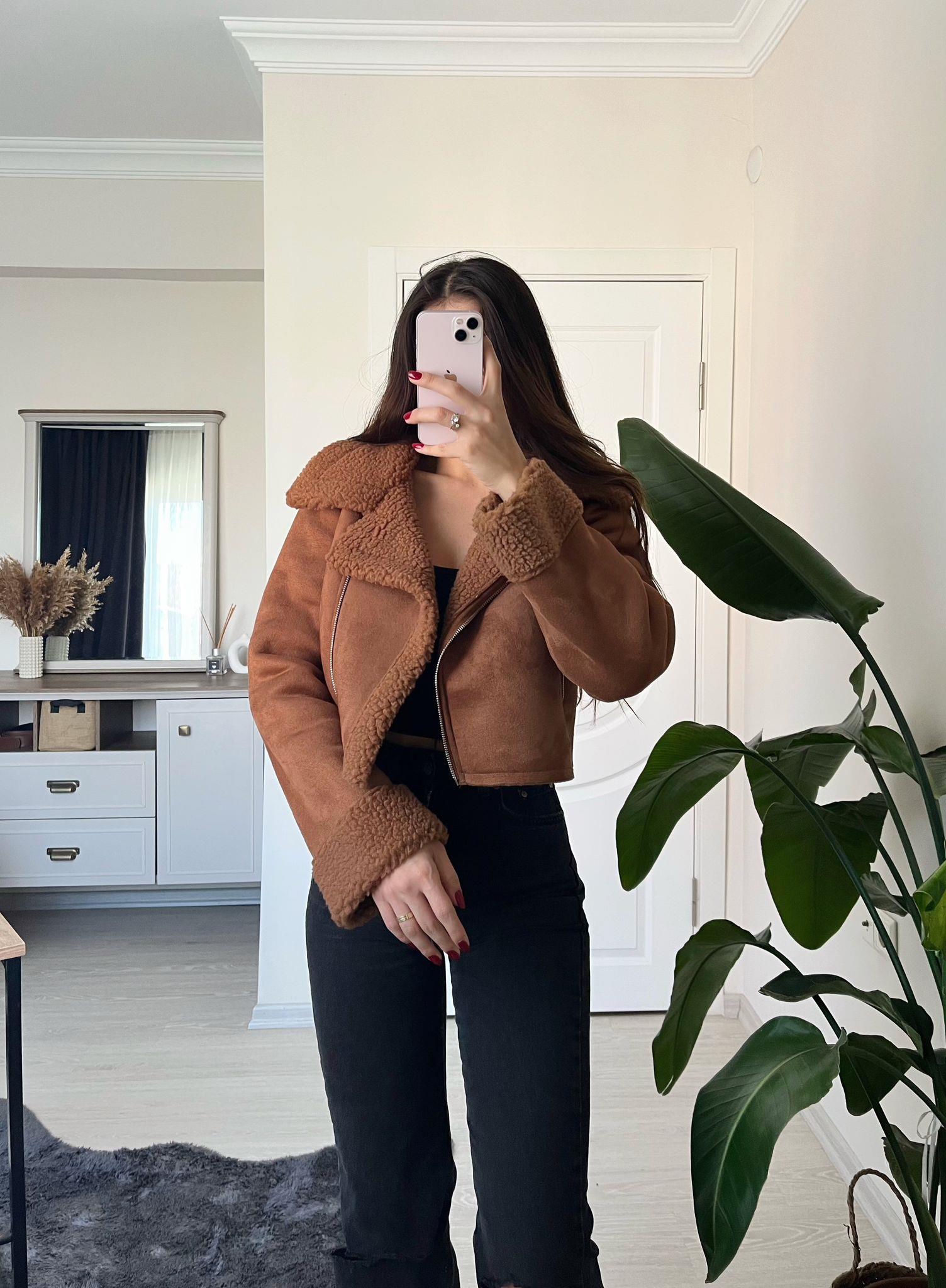 Zoe Kürklü Süet Crop Ceket Taba