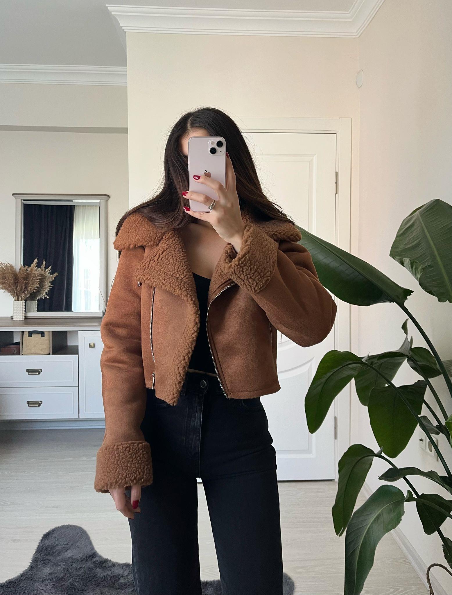 Zoe Kürklü Süet Crop Ceket Taba