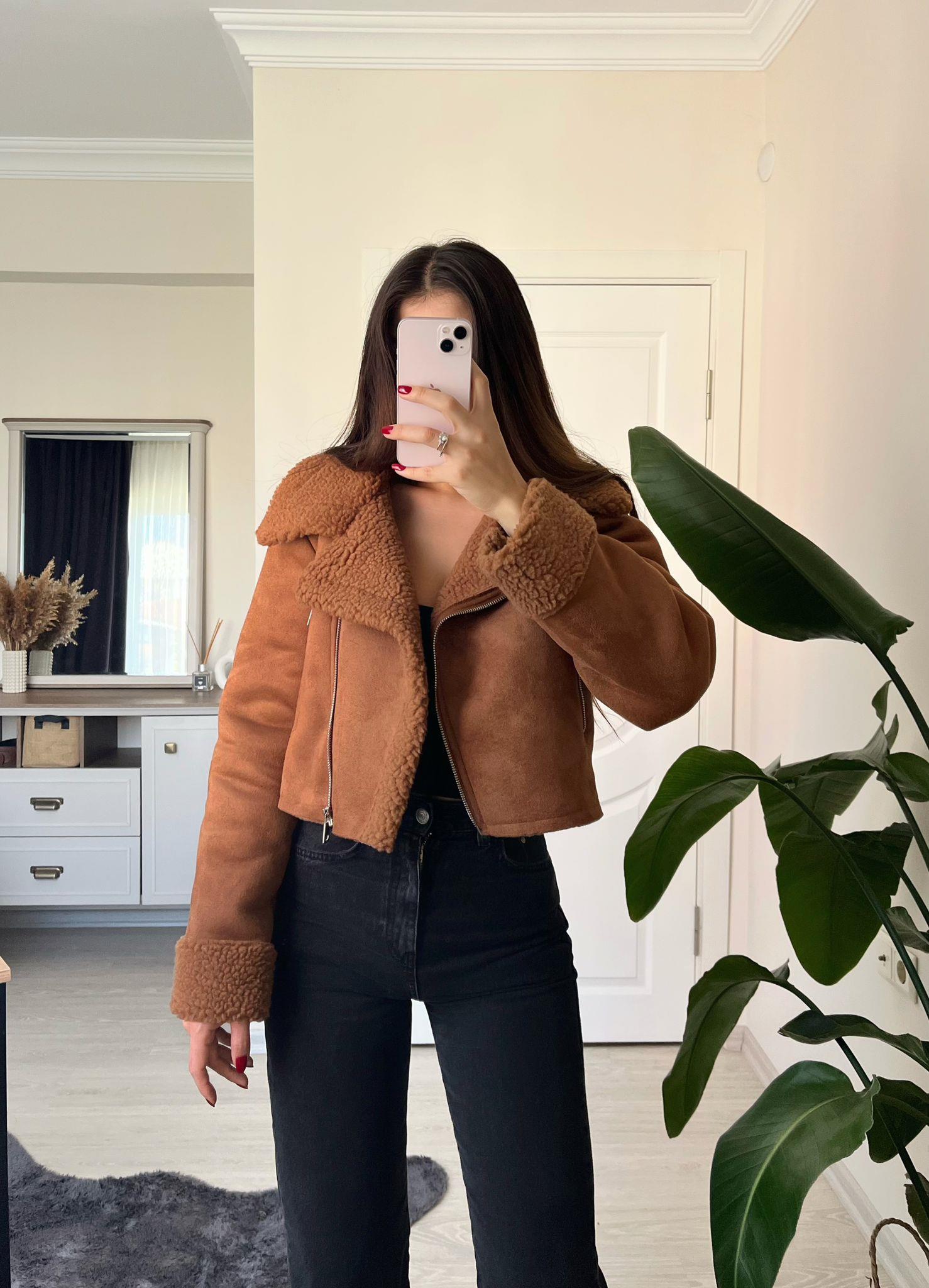 Zoe Kürklü Süet Crop Ceket Taba
