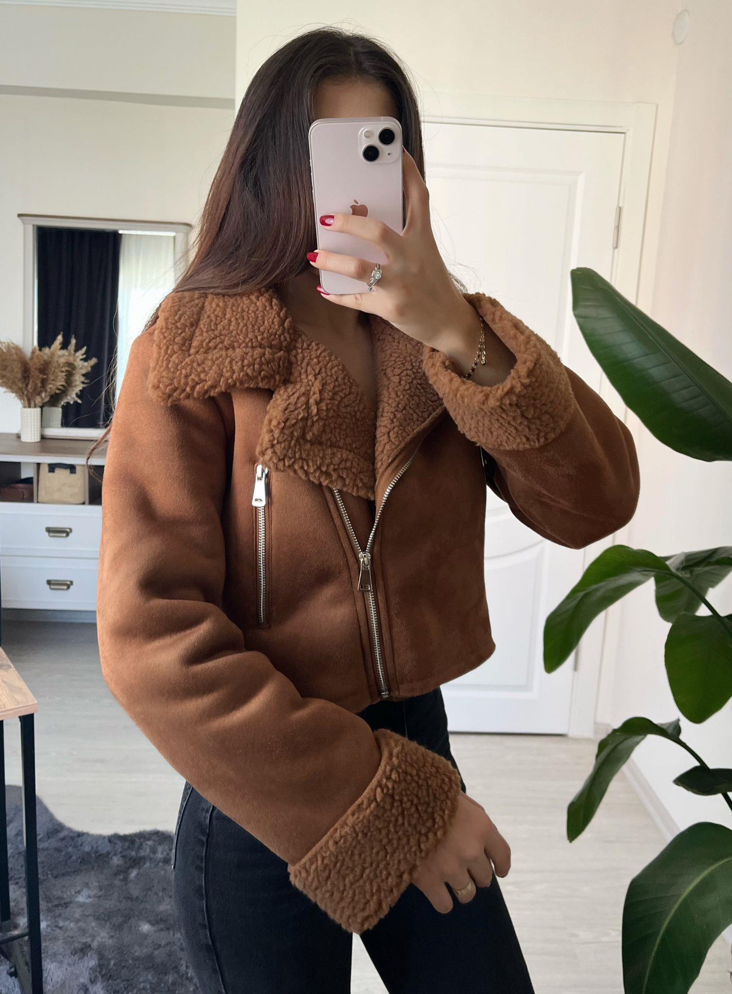 Zoe Kürklü Süet Crop Ceket Taba