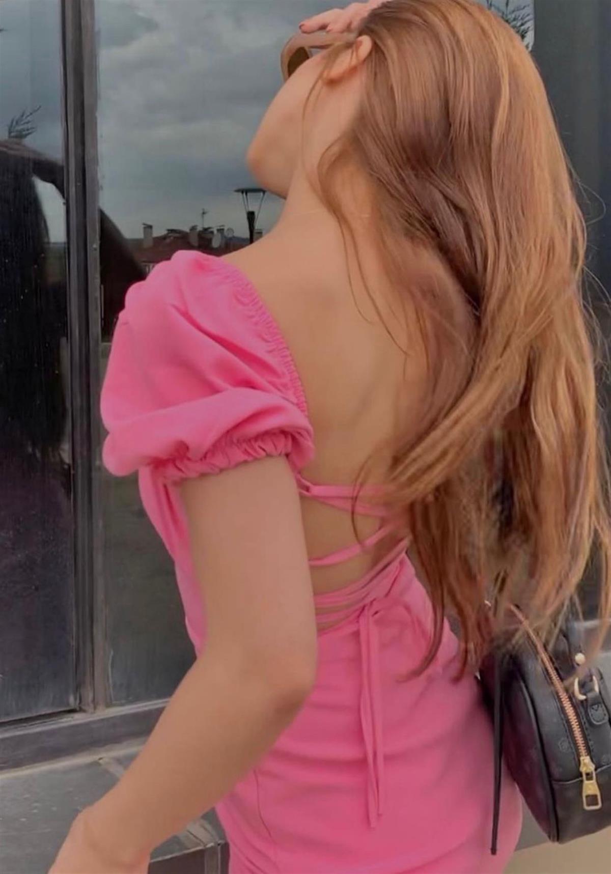ZR Model Sırt Detay Pembe Elbise