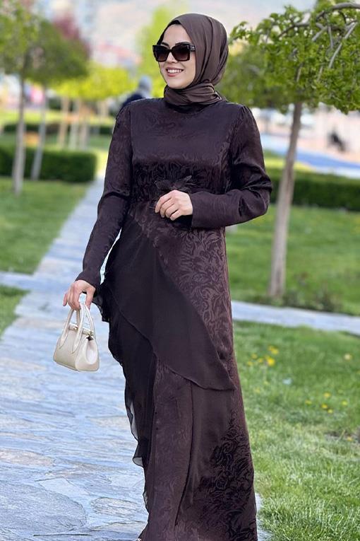 ELBİSE KREM FASHİON 26614 JAKAR KUMAŞ ŞİFON DETAYLI ELBİSE