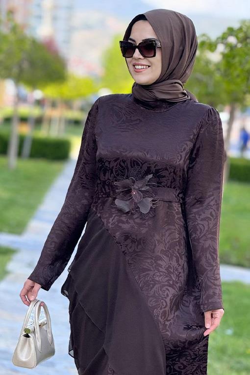 ELBİSE KREM FASHİON 26614 JAKAR KUMAŞ ŞİFON DETAYLI ELBİSE