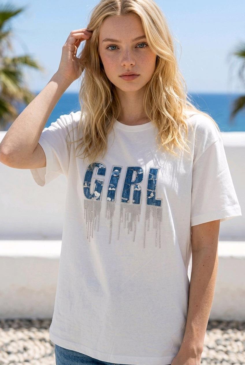 T-SHIRT QME GIRL YAZILI TAŞLI TİŞÖRT