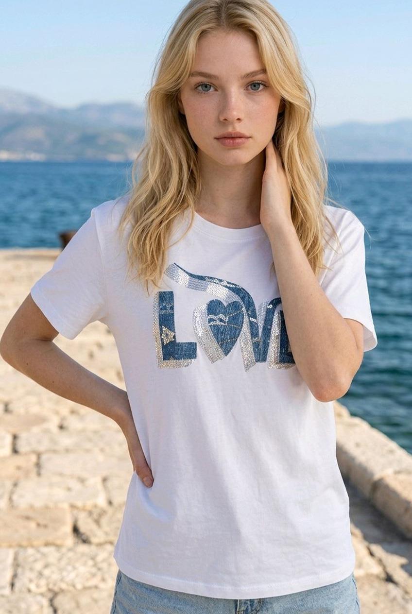T-SHIRT QME LOVE YAZILI TAŞLI TİŞÖRT