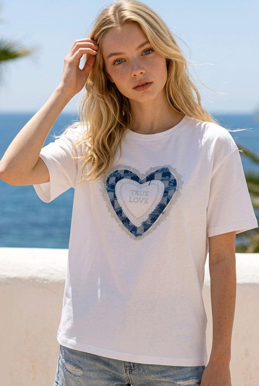 T-SHIRT QME TRUE LOVE KALPLİ TAŞLI TİŞÖRT
