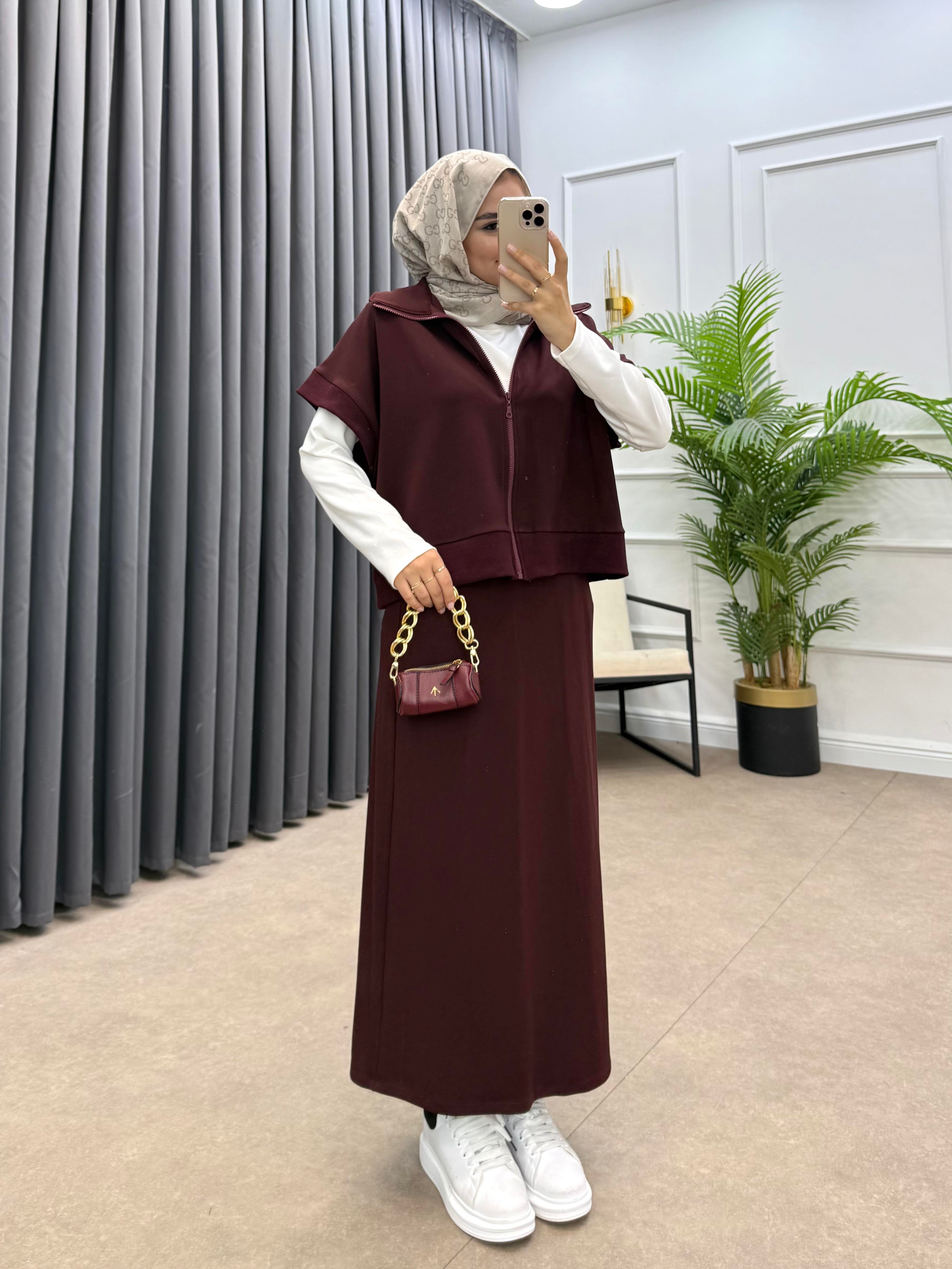  KALEM ETEKLİ YELEKLİ TAKIM BORDO