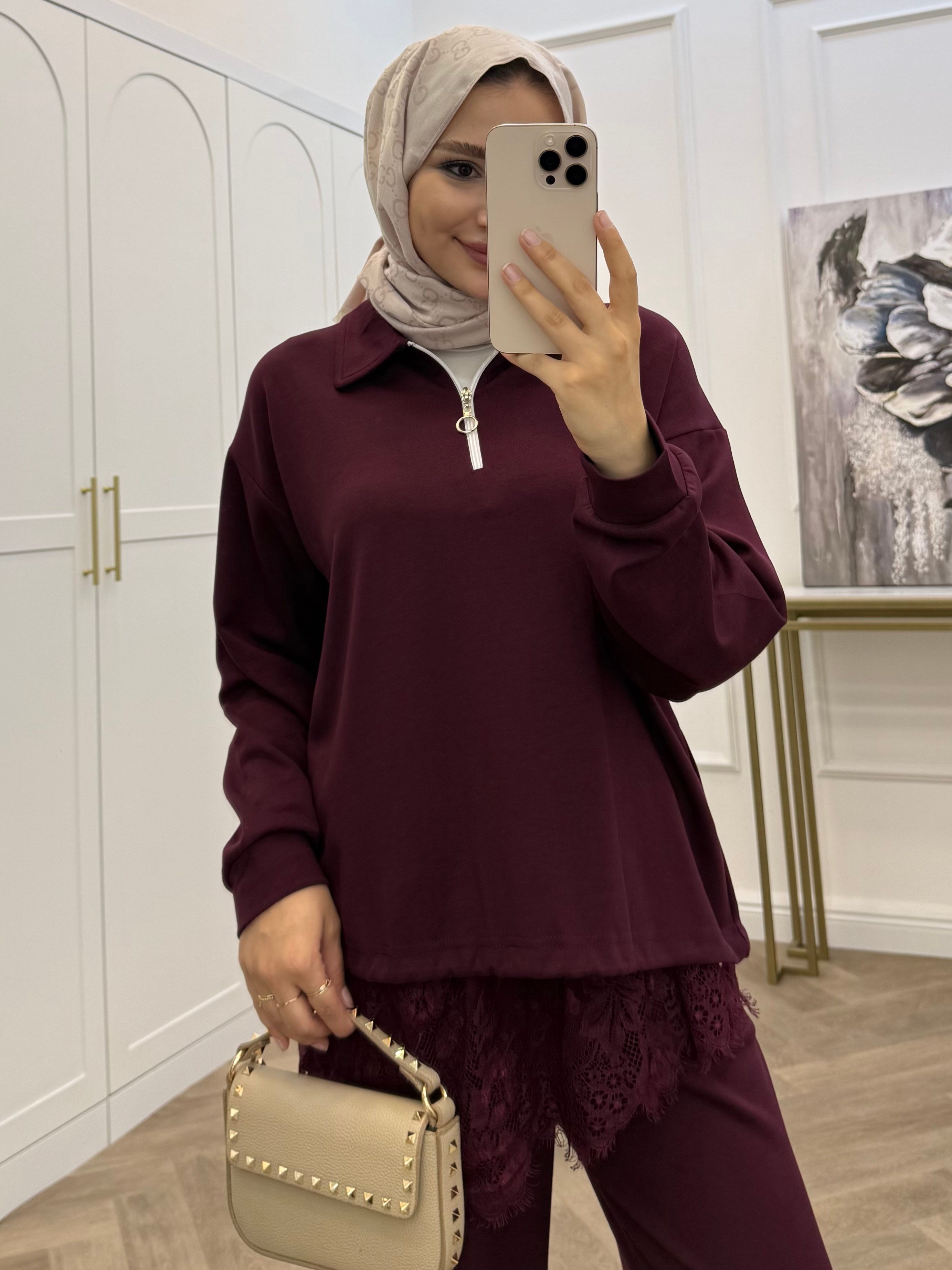 3LÜ DANTEL DETAYLI OYSHO TAKIM BORDO
