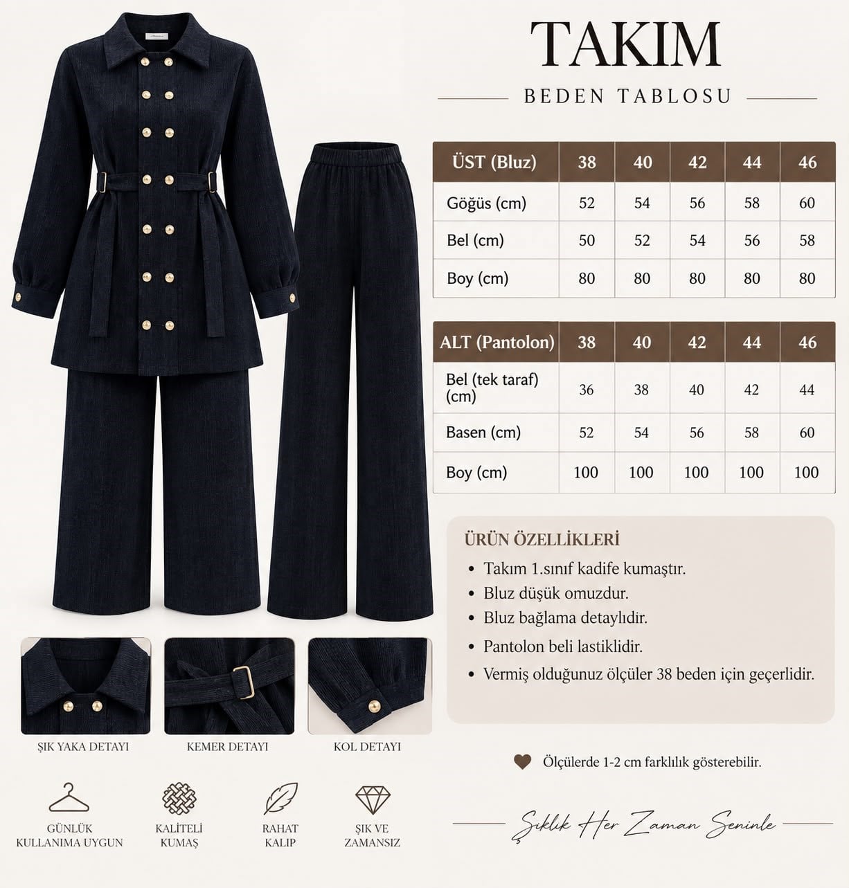 ADELİ DENİM PANTOLONLU KUŞAKLI TAKIM LACİVERT