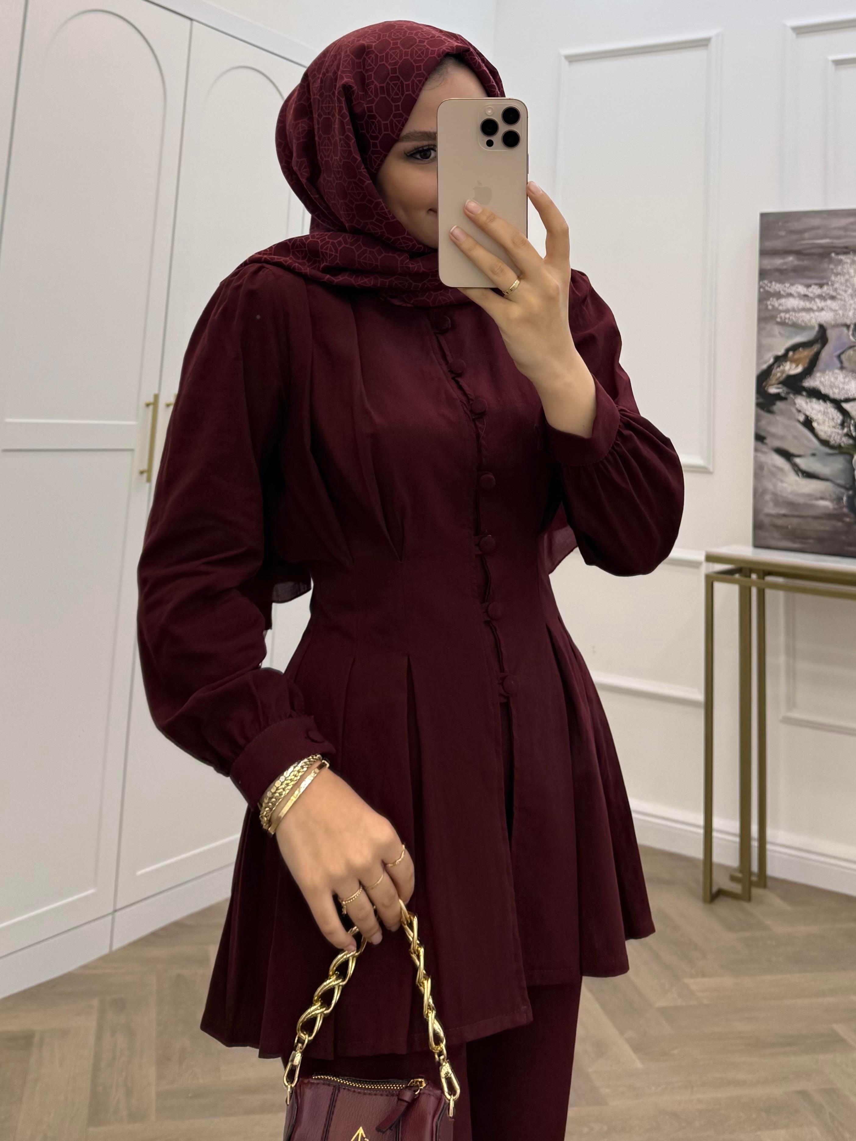 AKEL DÜĞMELİ KETEN TAKIM BORDO