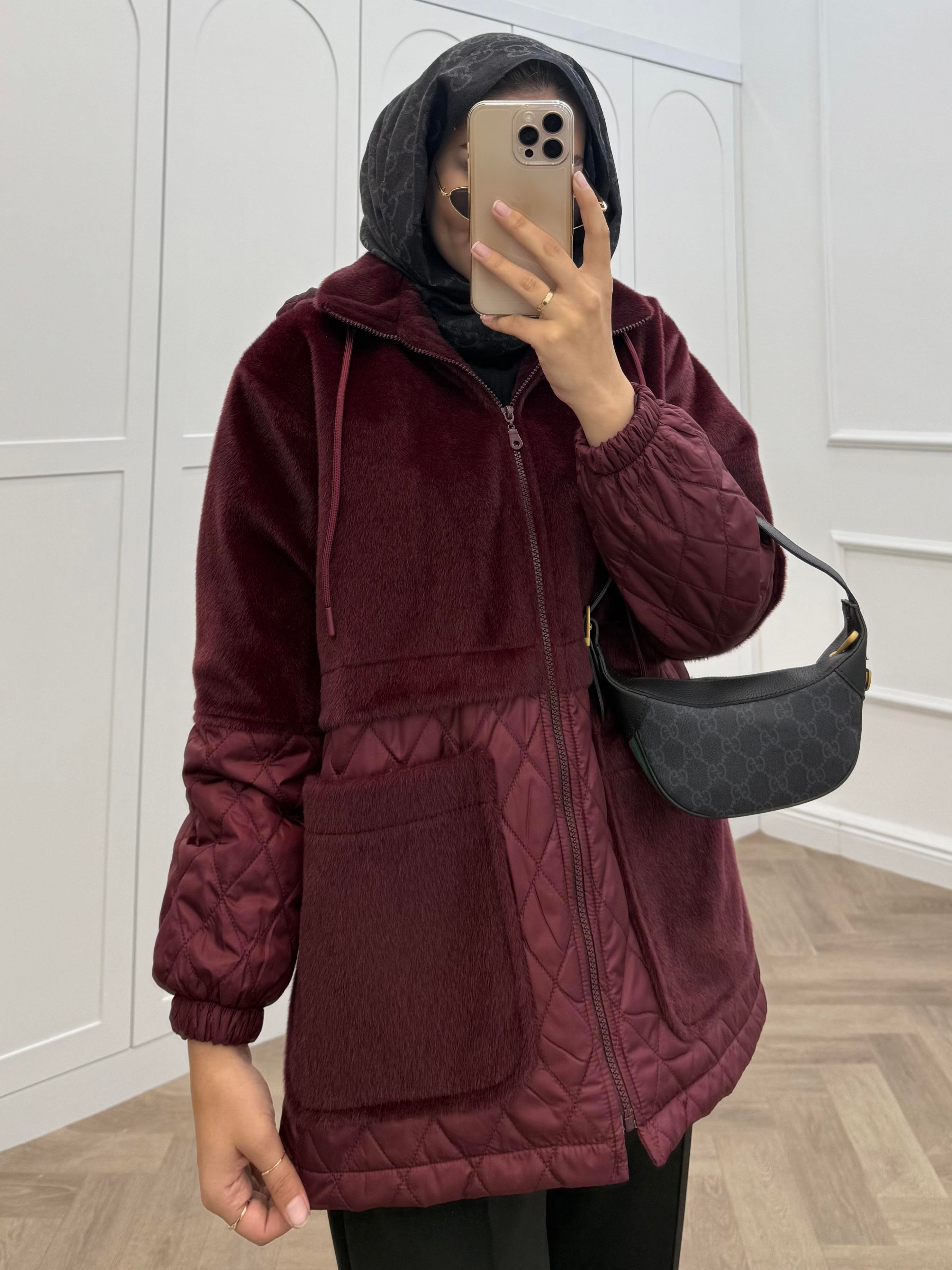 ANGORA CAPİTONE KAPÜŞONLU CEKET BORDO