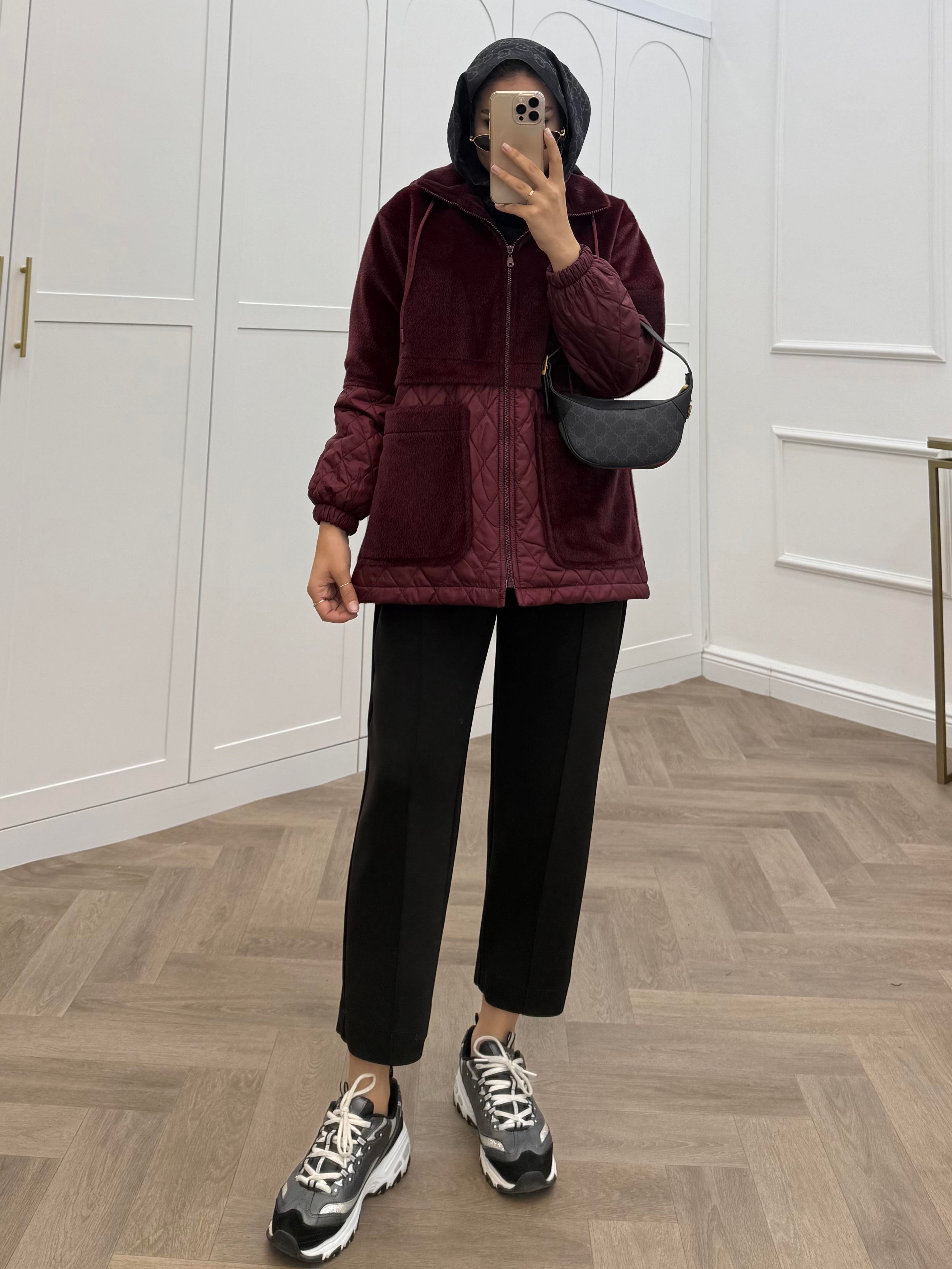 ANGORA CAPİTONE KAPÜŞONLU CEKET BORDO