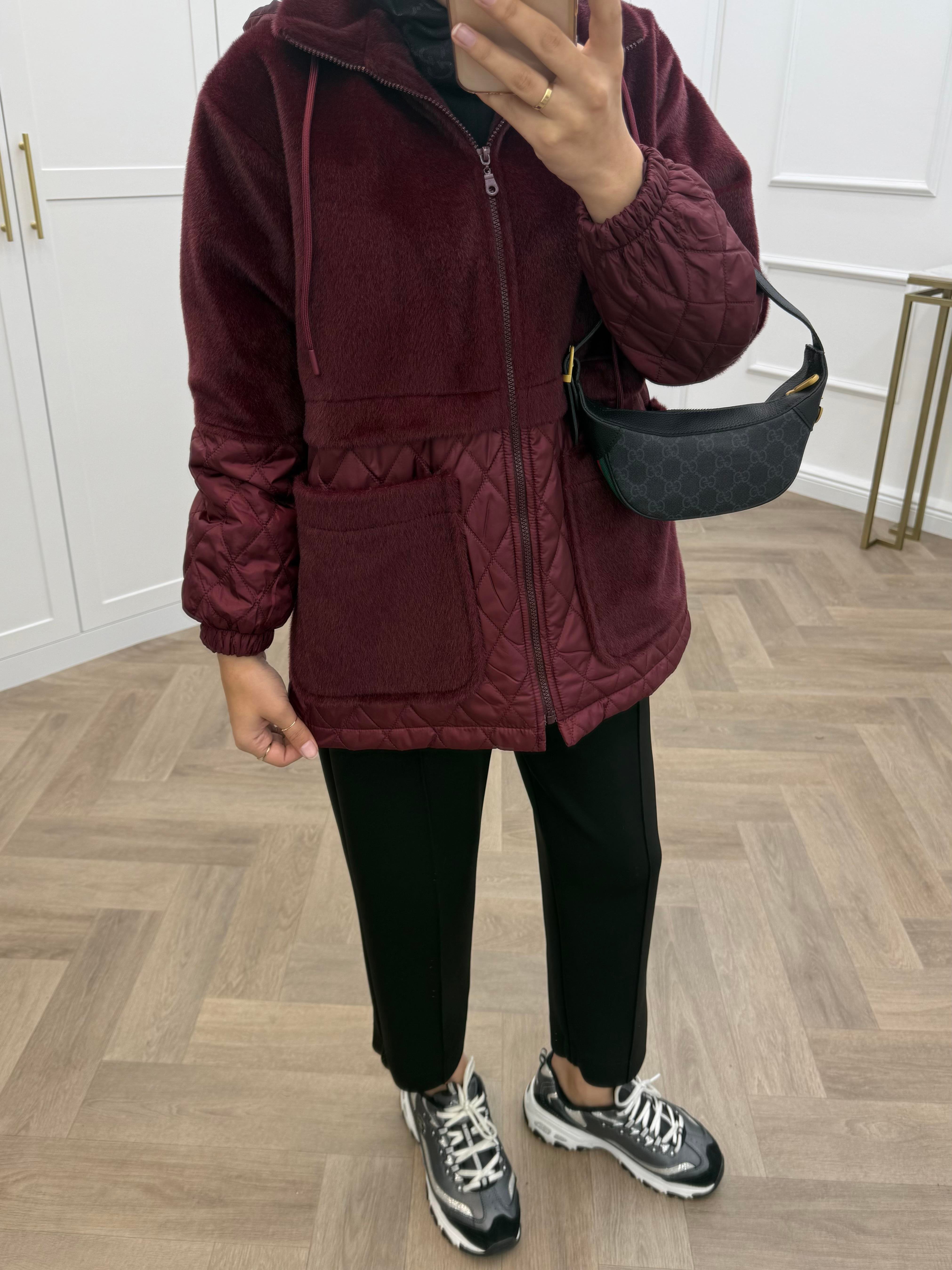 ANGORA CAPİTONE KAPÜŞONLU CEKET BORDO