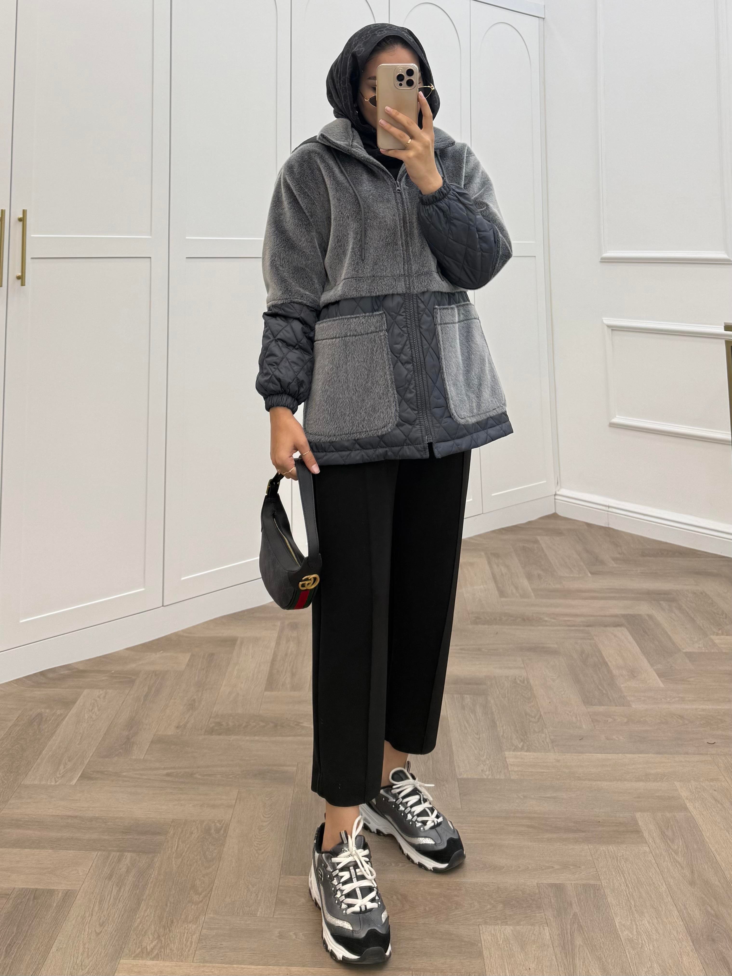 ANGORA CAPİTONE KAPÜŞONLU CEKET FÜME