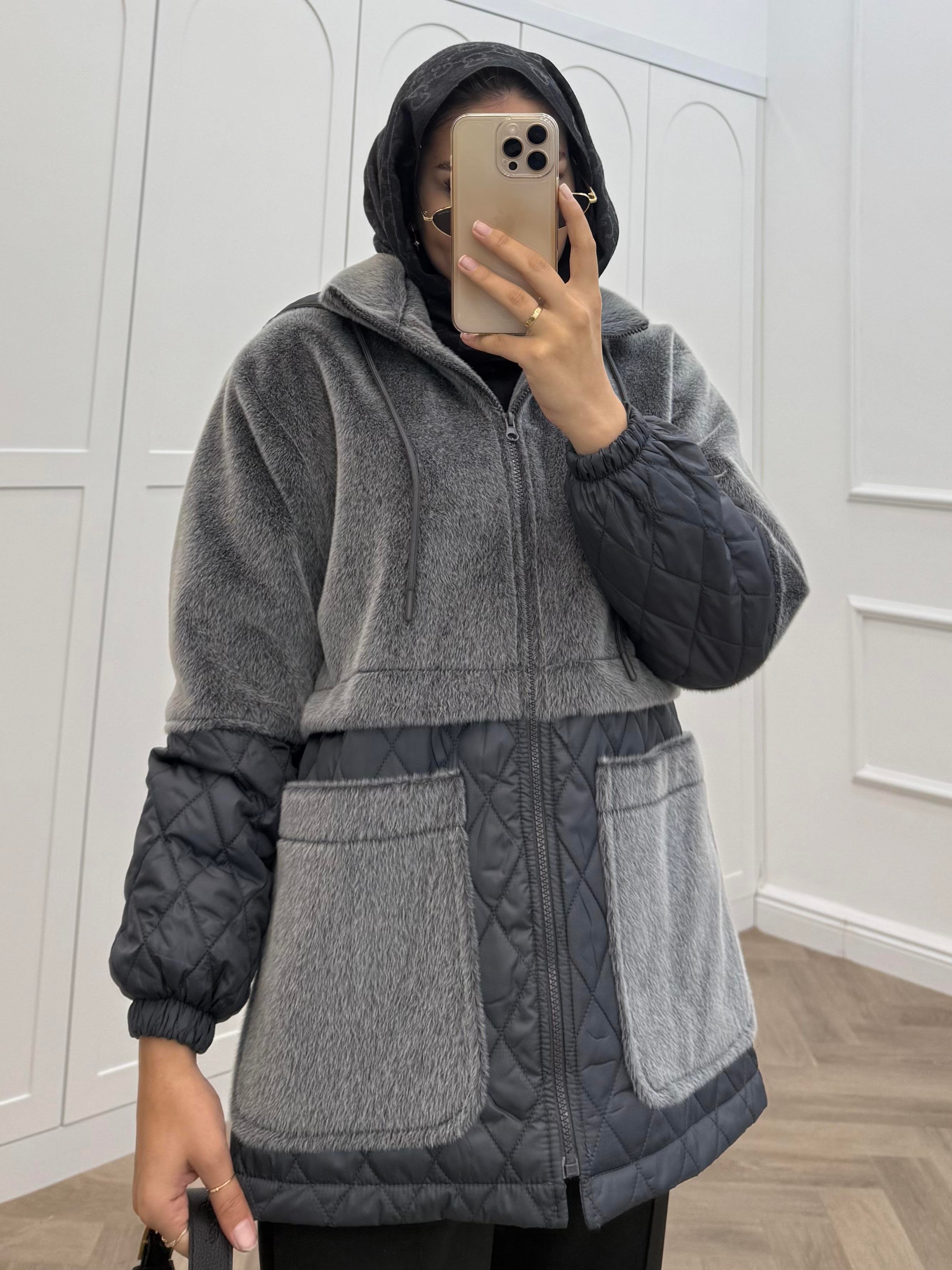 ANGORA CAPİTONE KAPÜŞONLU CEKET FÜME