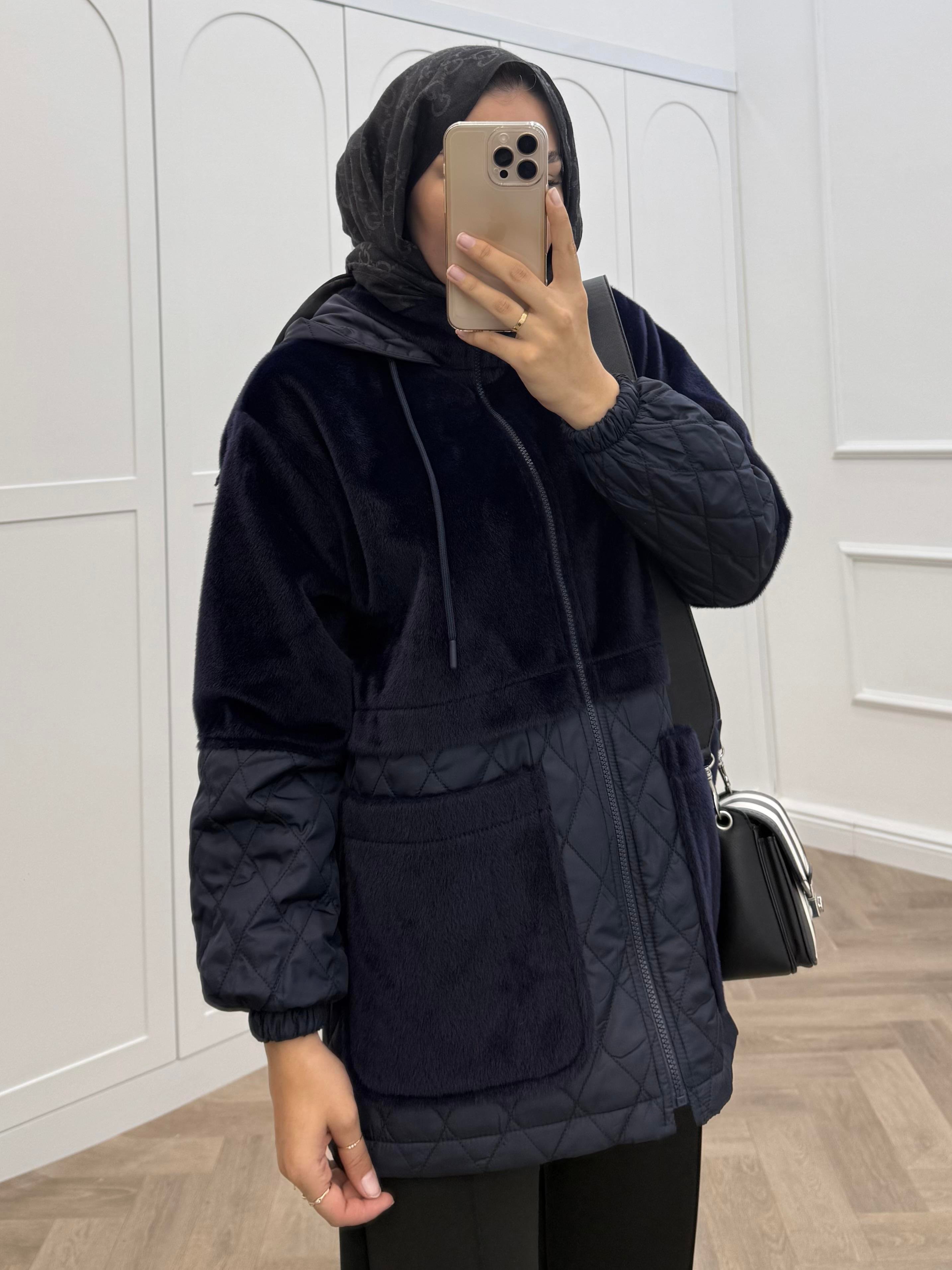 ANGORA CAPİTONE KAPÜŞONLU CEKET LACİVERT