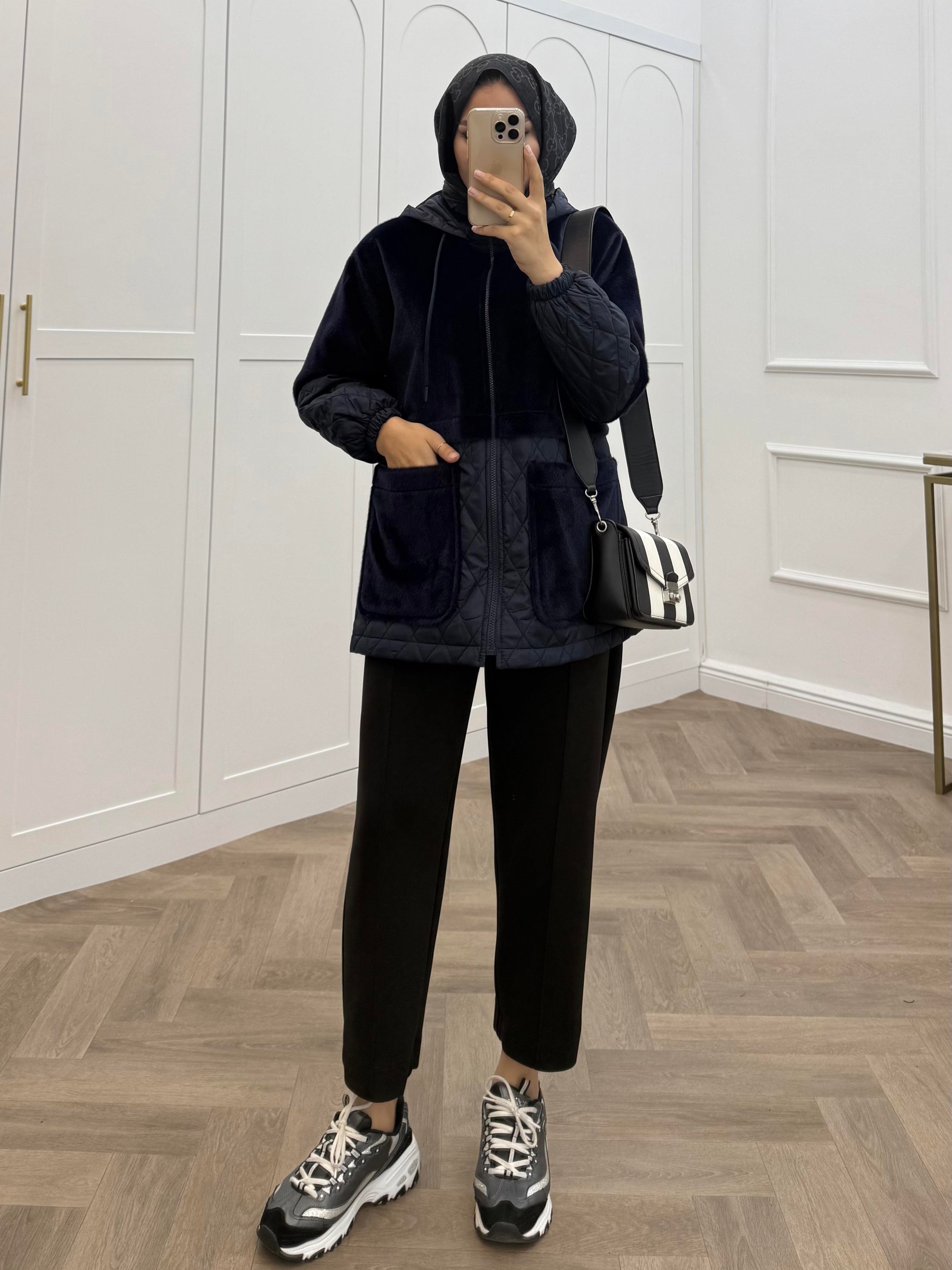 ANGORA CAPİTONE KAPÜŞONLU CEKET LACİVERT