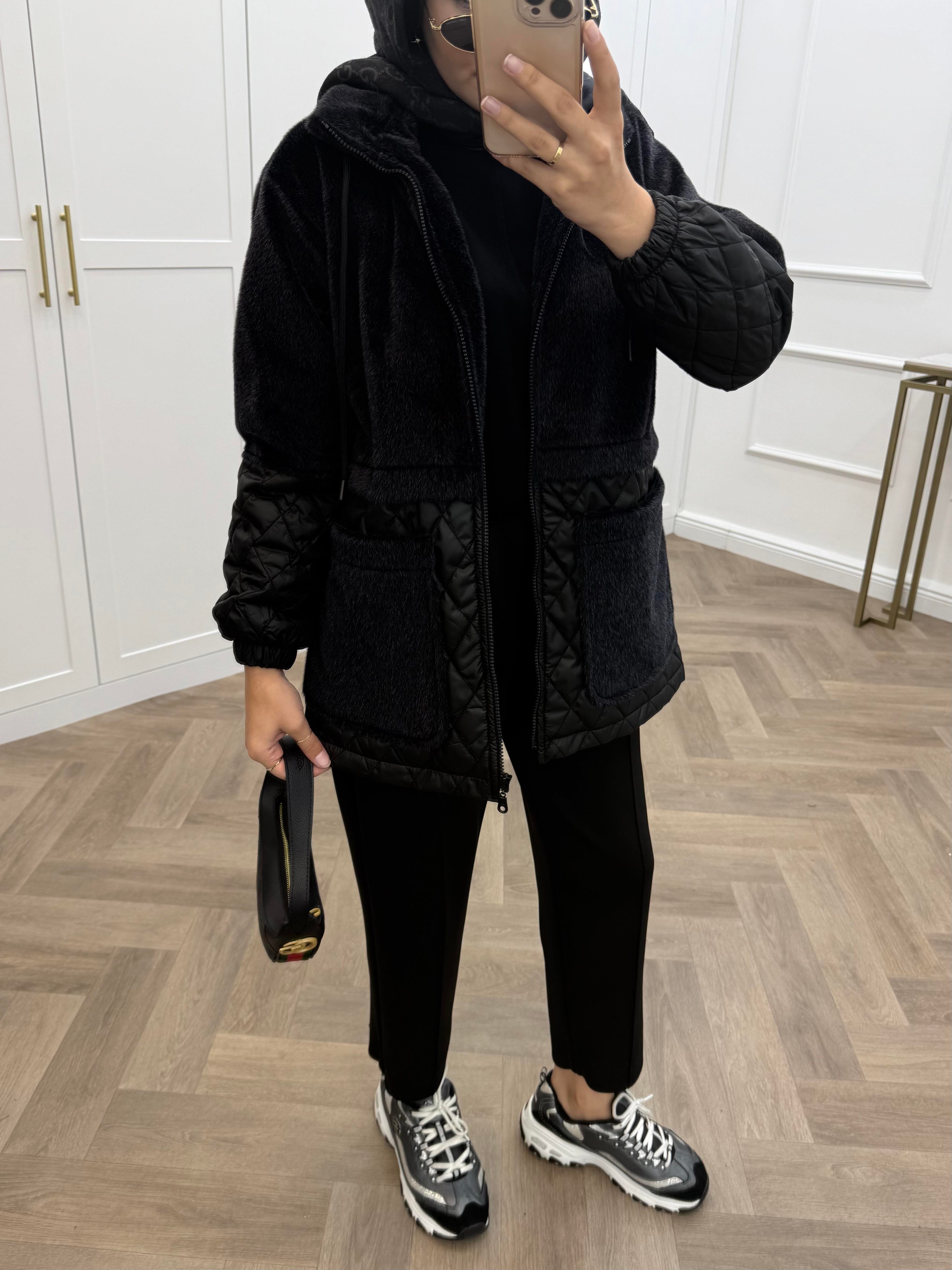 ANGORA CAPİTONE KAPÜŞONLU CEKET SİYAH