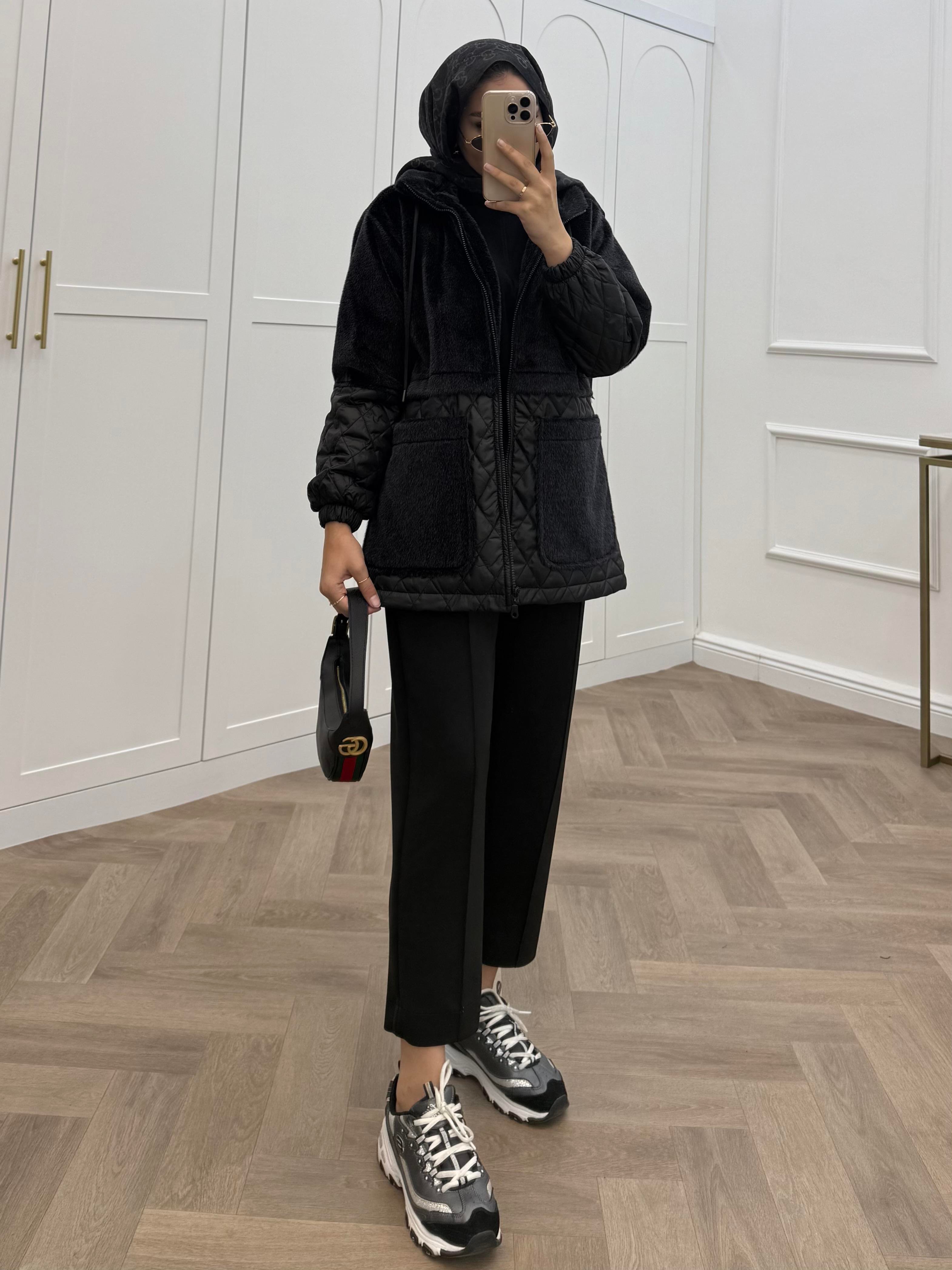 ANGORA CAPİTONE KAPÜŞONLU CEKET SİYAH