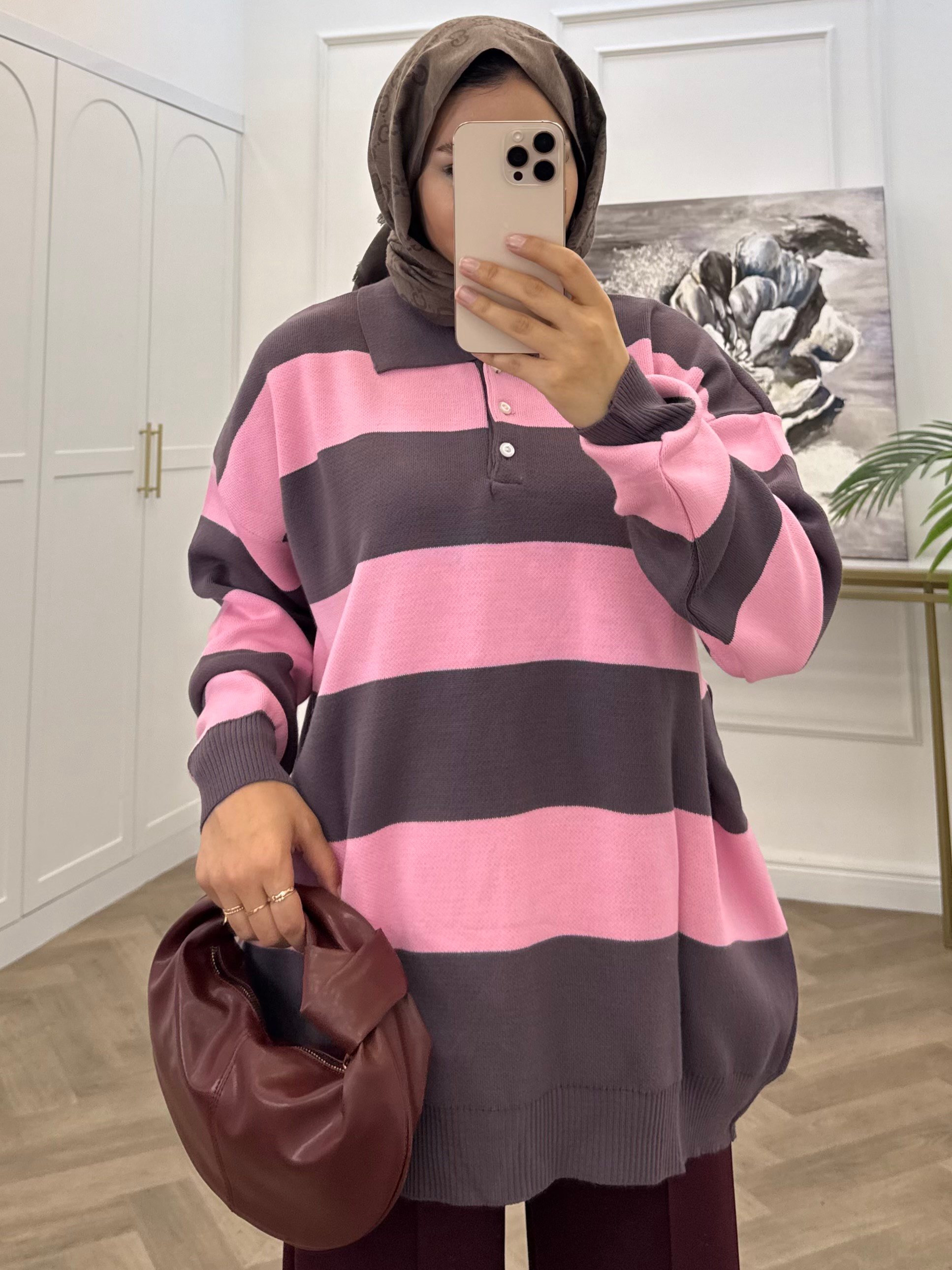 ARALIK ÇİZGİLİ KAZAK PEMBE