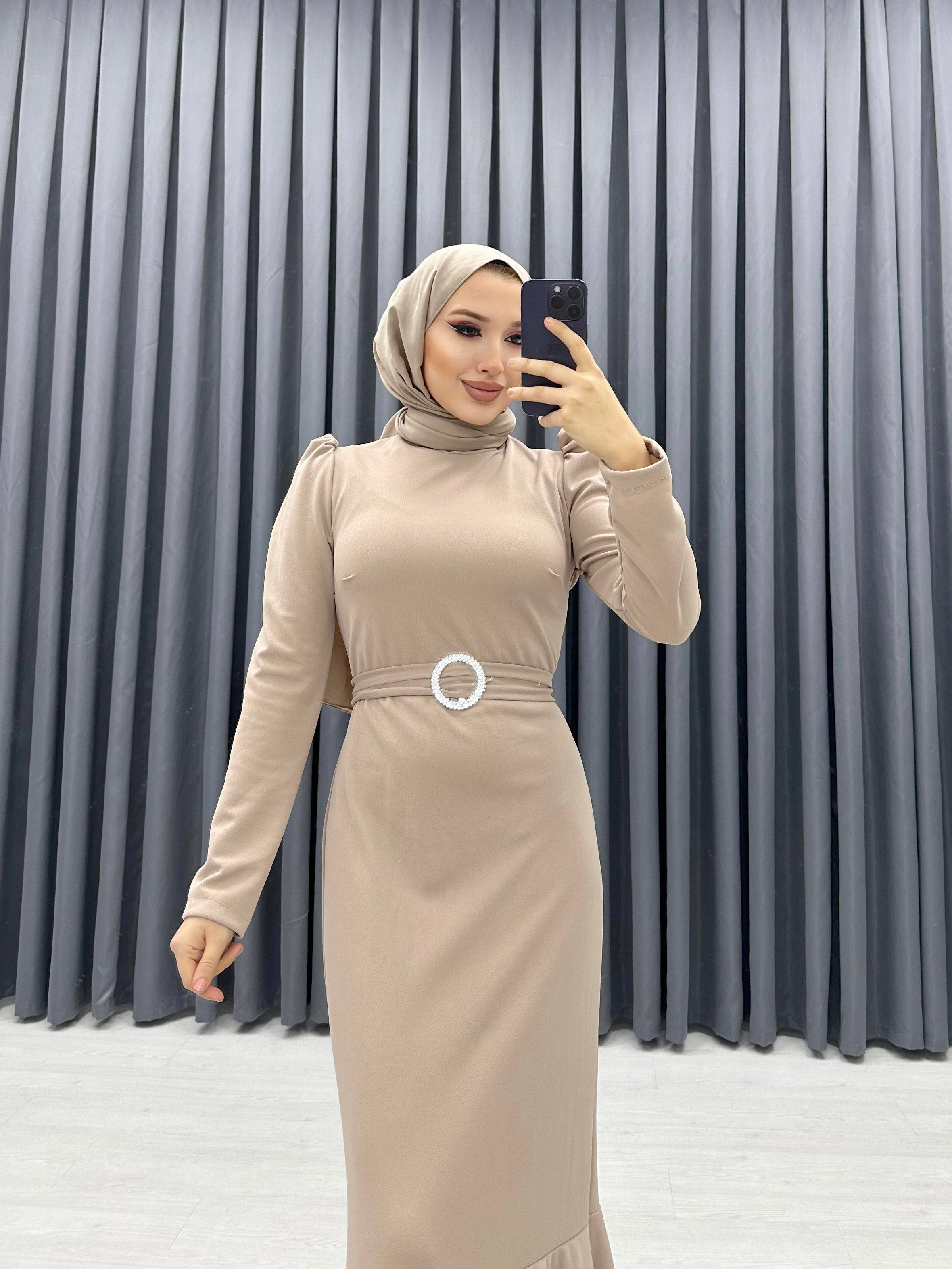 BALIK MODEL KREP ELBİSE BEJ