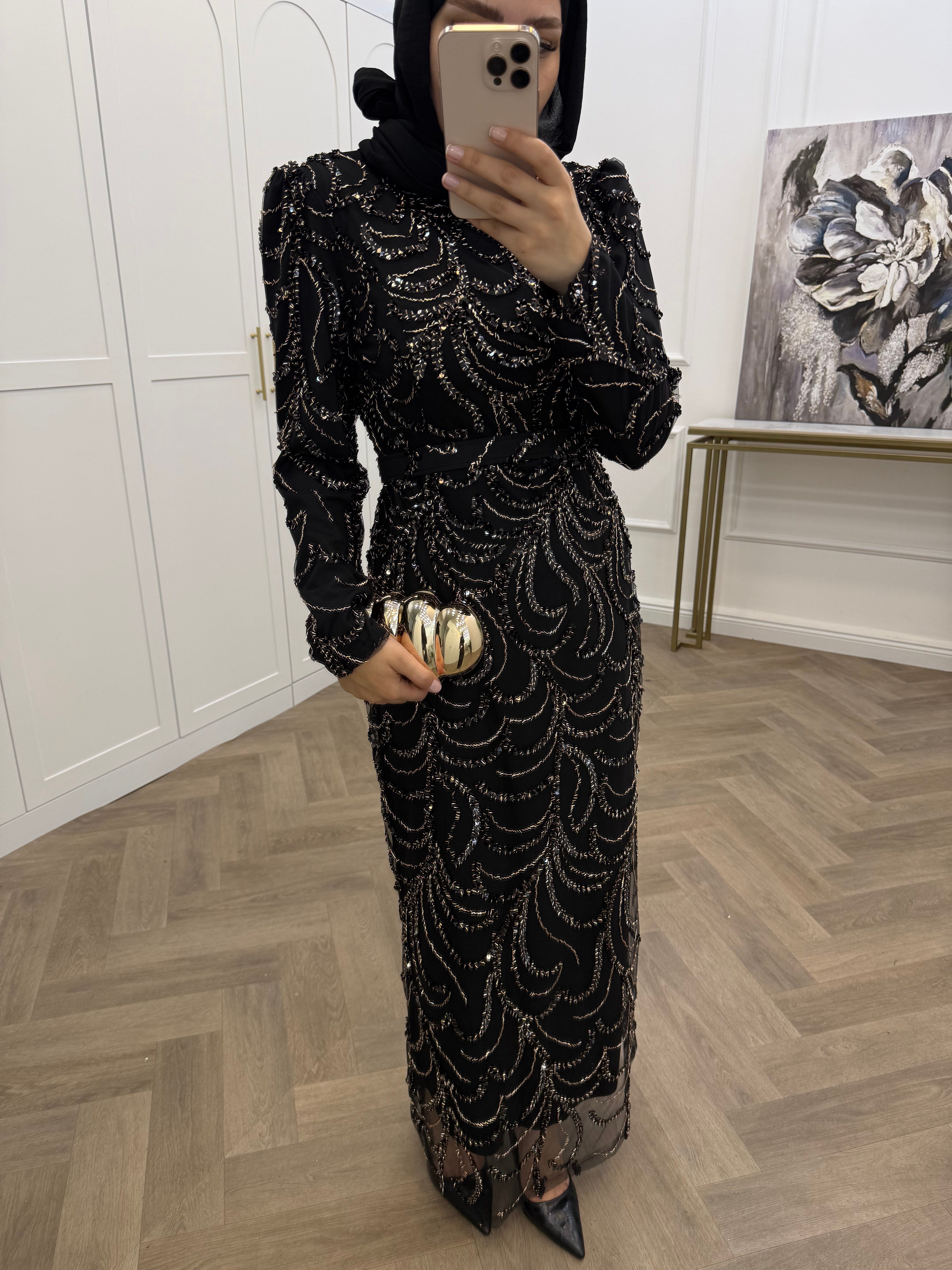 BALIK MODEL SİMLİ ABİYE SİYAH
