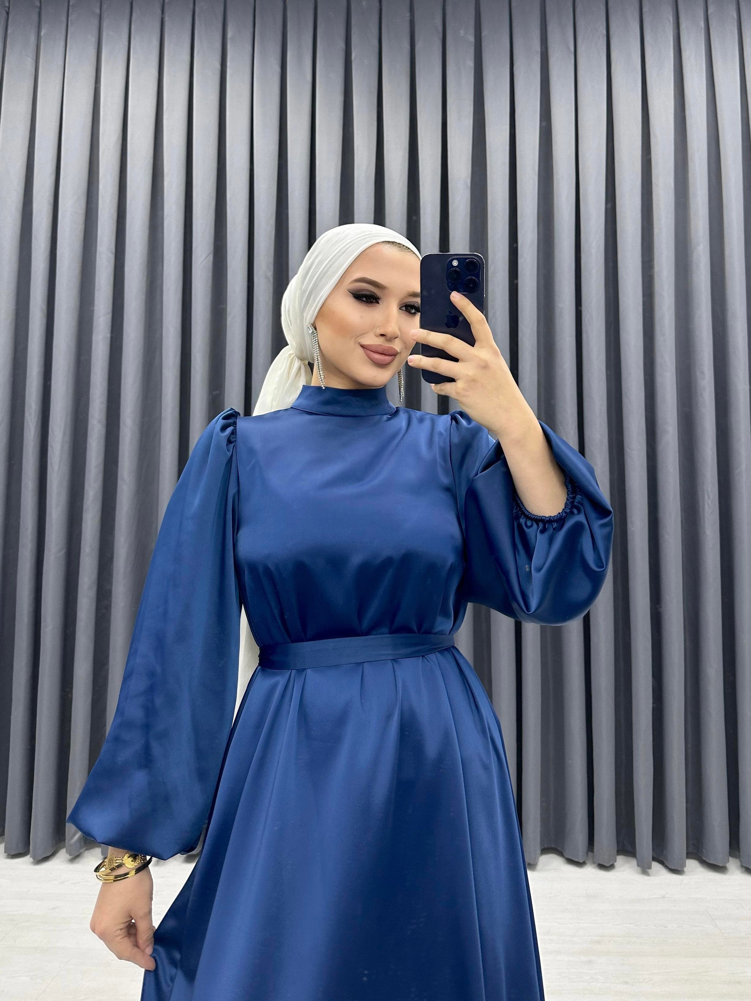 BALON KOL SATEN ELBİSE İNDİGO