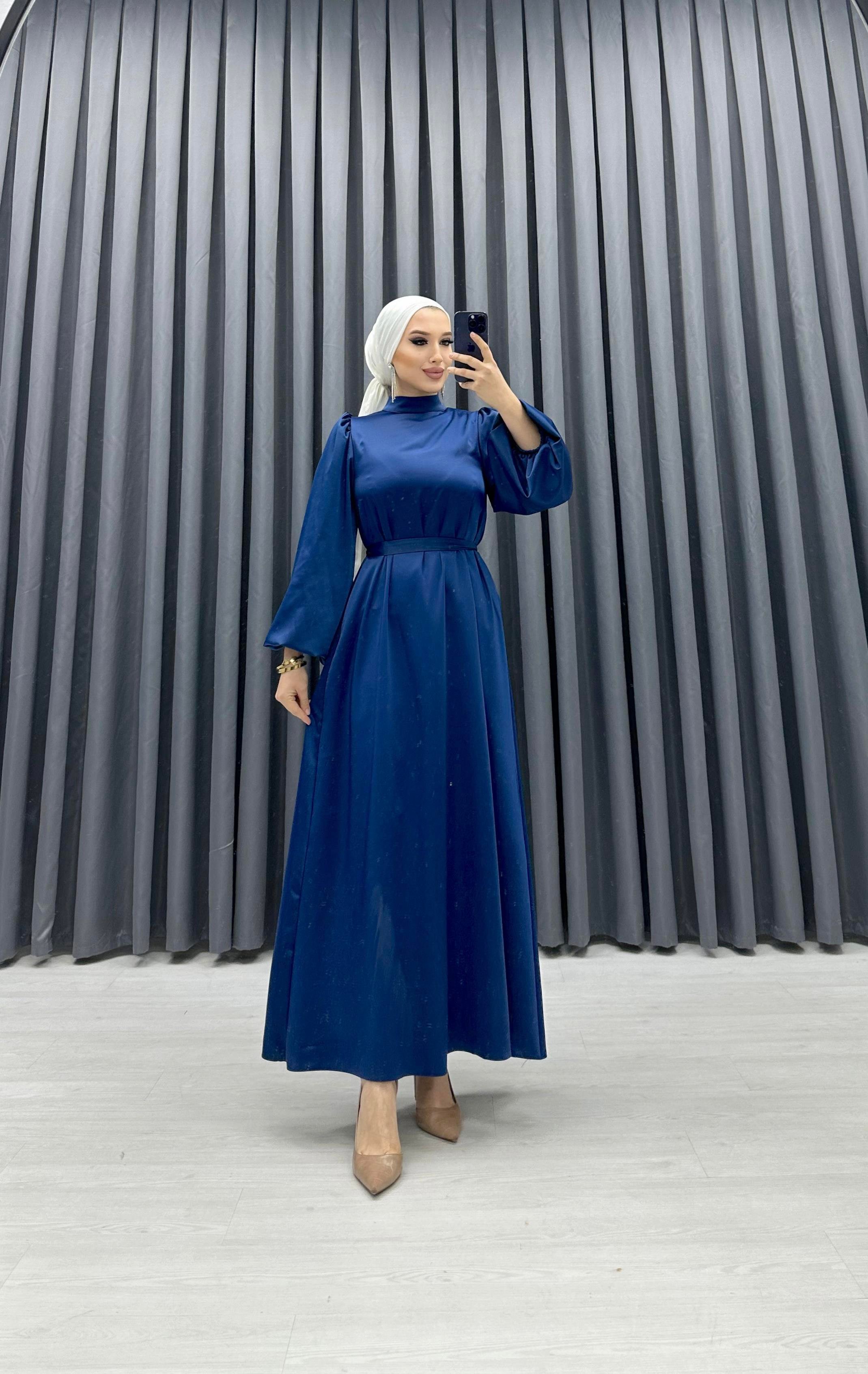 BALON KOL SATEN ELBİSE İNDİGO