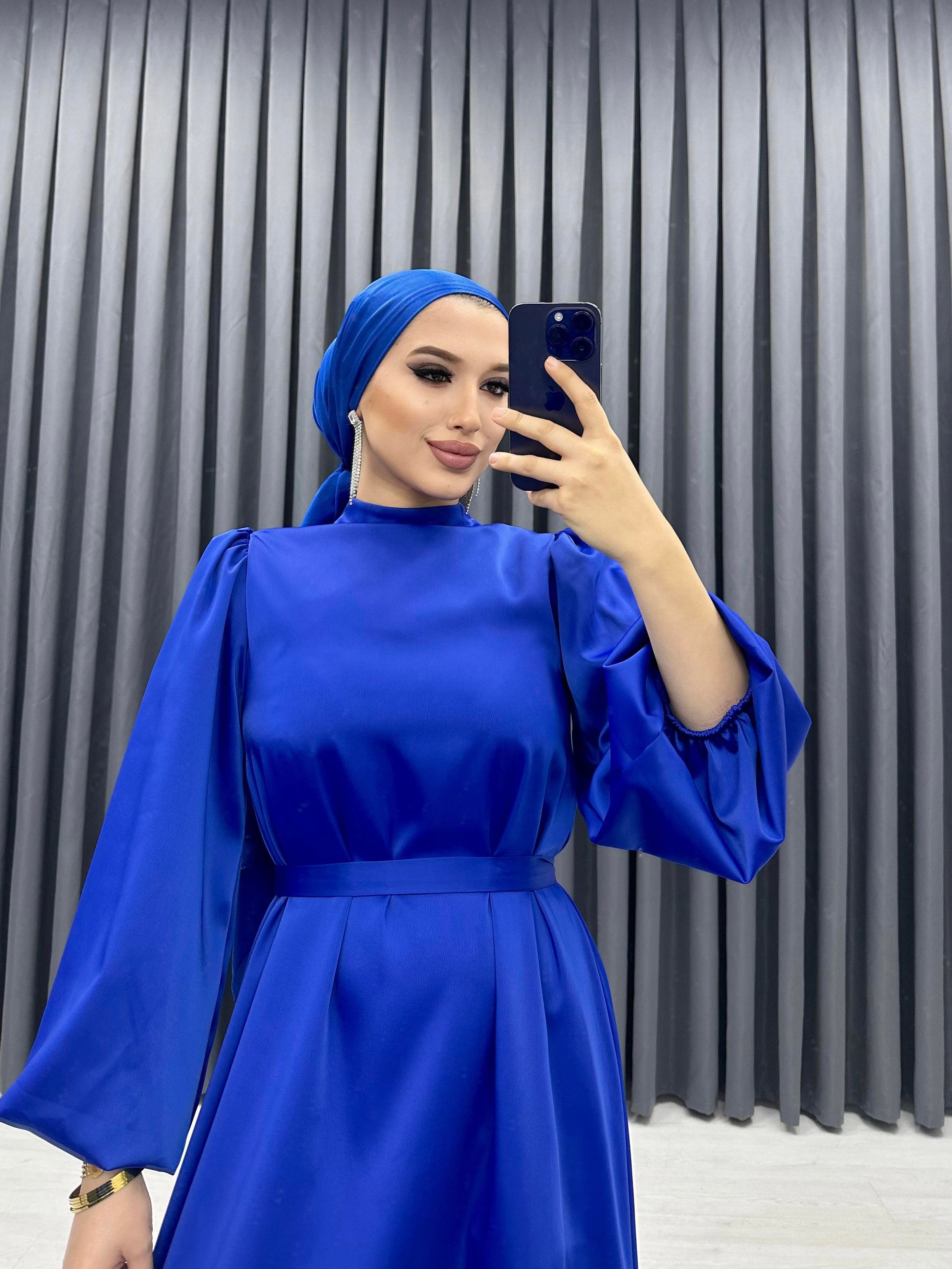 BALON KOL SATEN ELBİSE SAKS