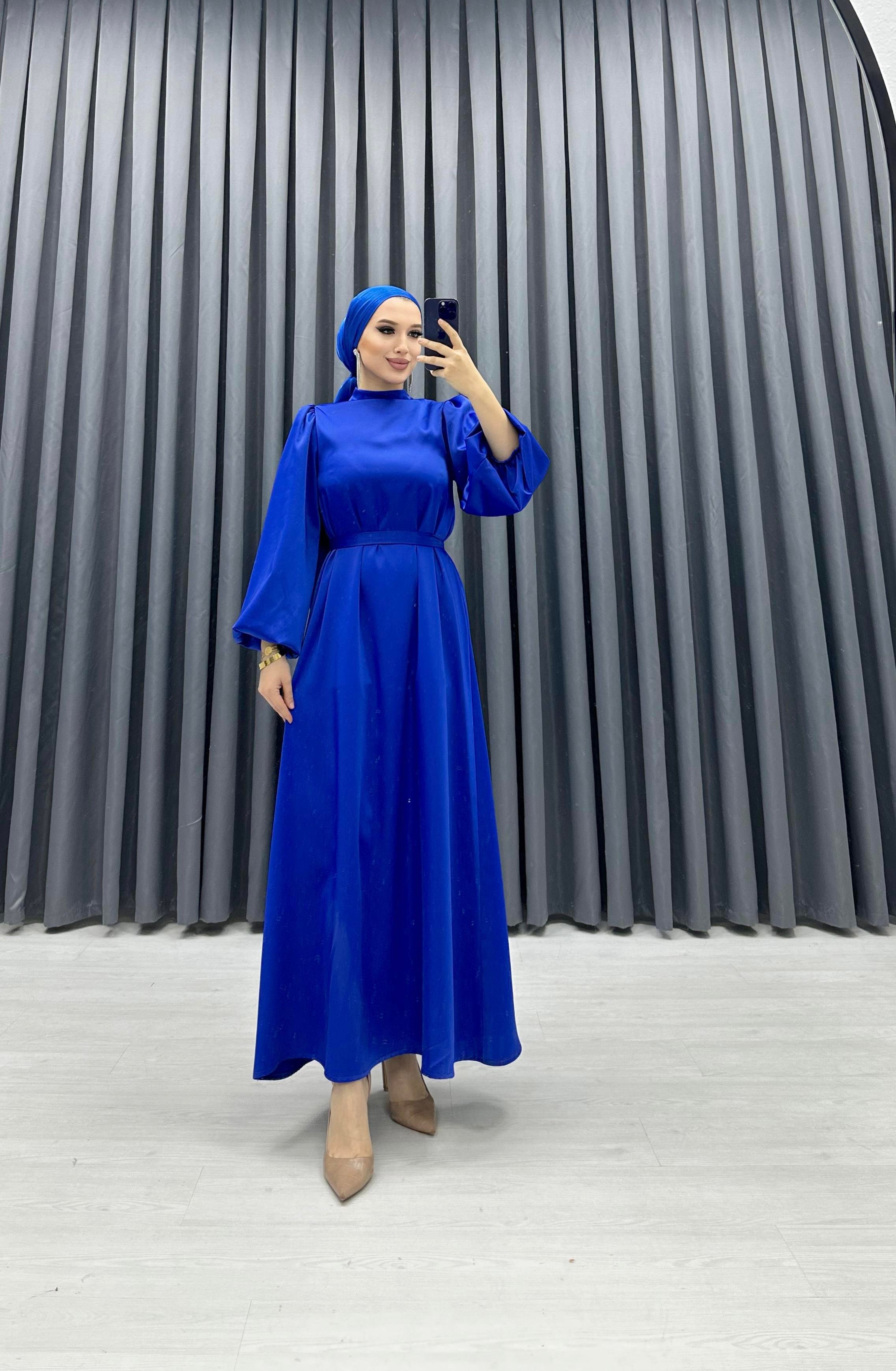 BALON KOL SATEN ELBİSE SAKS