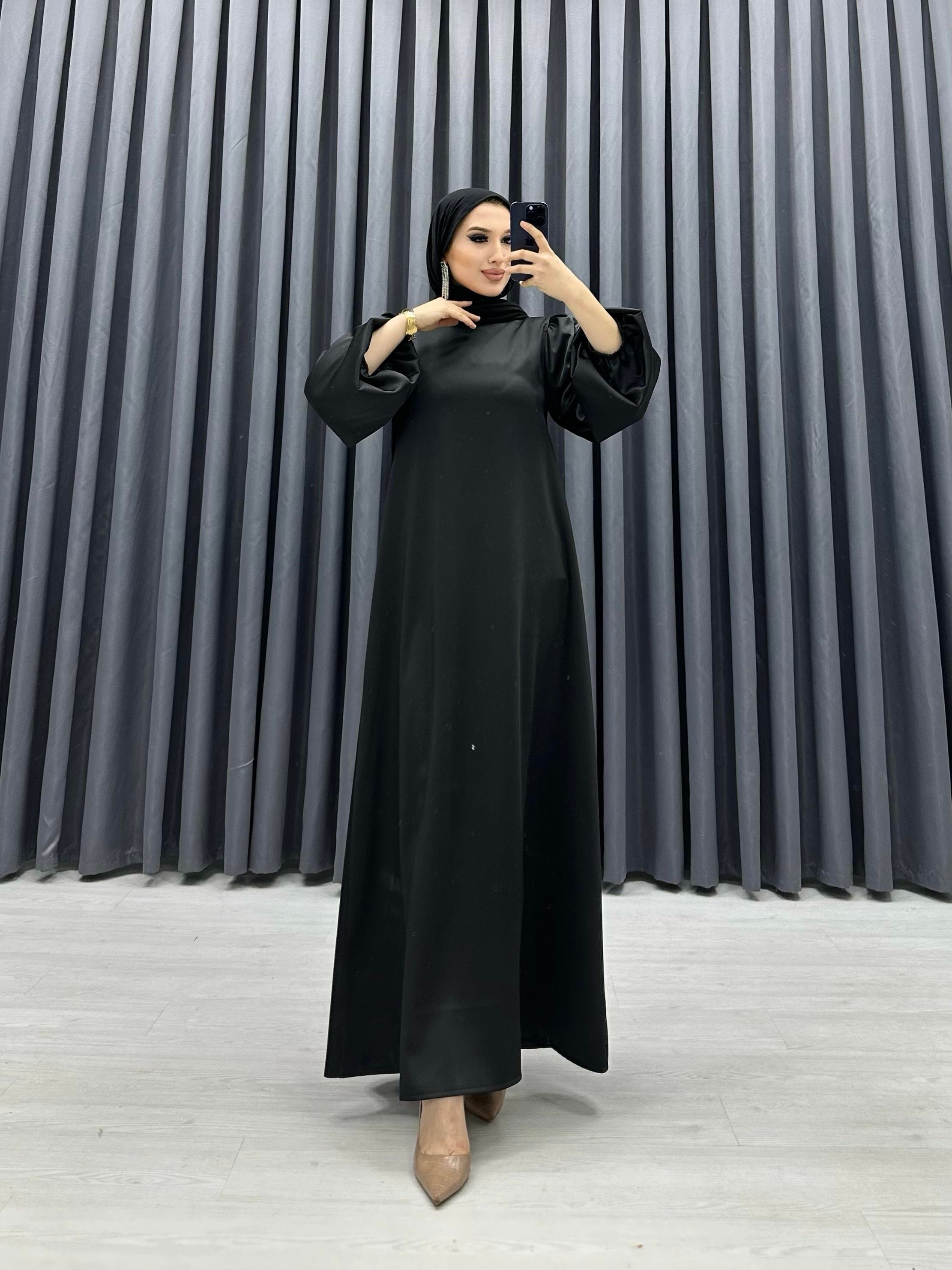 BALON KOL SATEN ELBİSE SİYAH